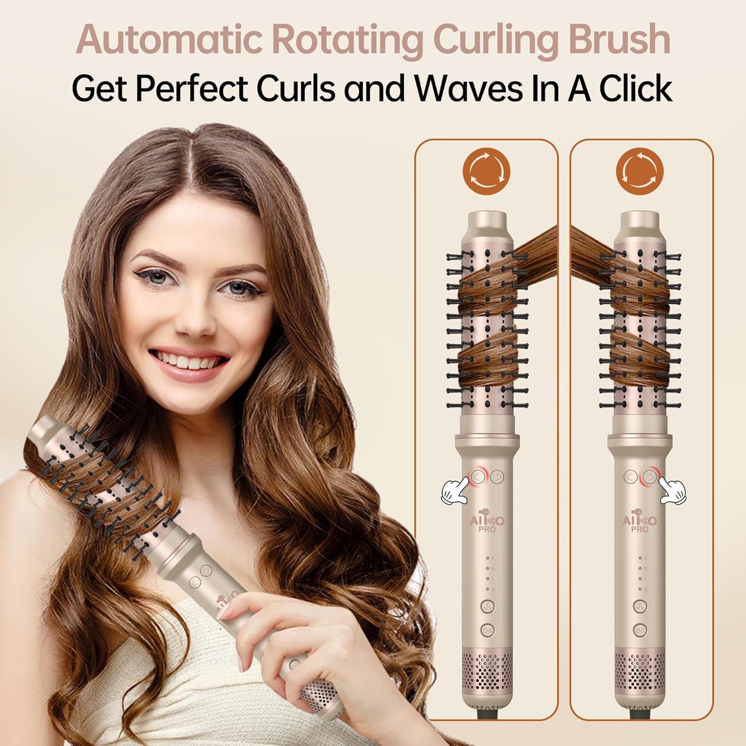 1.5 Inch Auto Rotating Curling Brush, Spinning Heated Thermal Round Brush Volumizer, 3 in 1 Ionic Hair Brush Styler for Long Medium Hair, 3 Temp Settings, 30S Fast Heat-Up, Dual Voltage