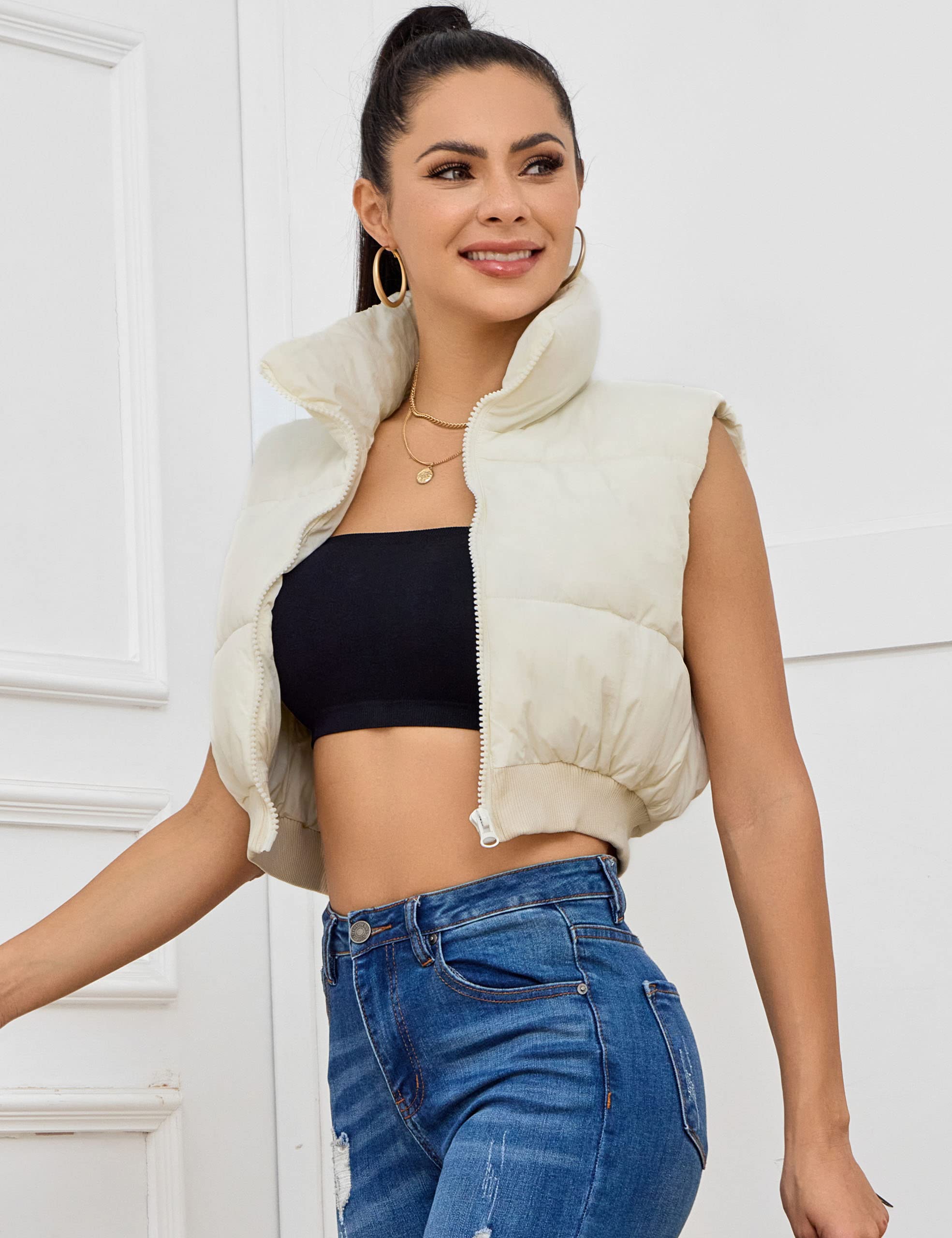 Kissonic Women's Padded Down Vest Puffer Stand Collar Zip Up Crop Sleeveless Jacket
