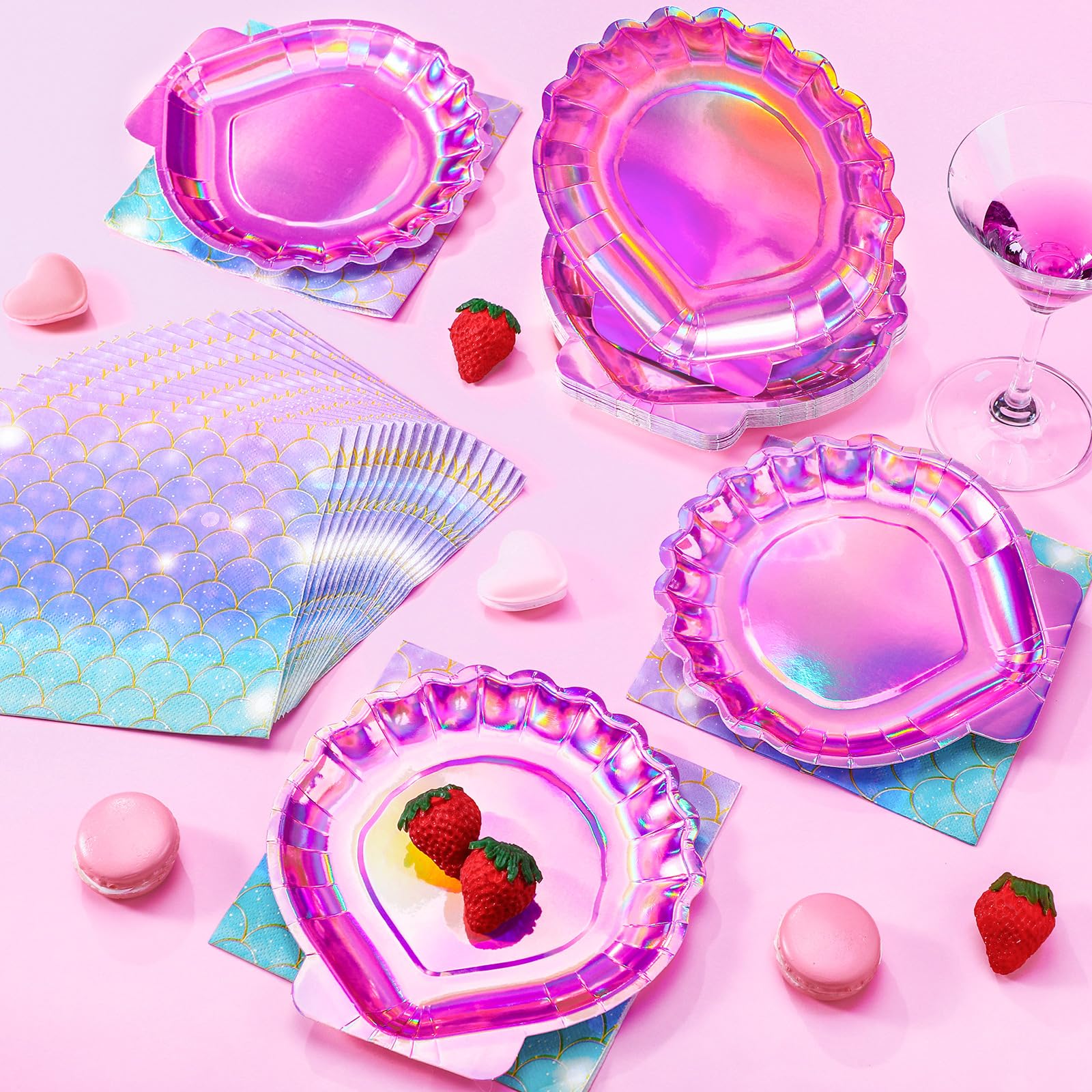 Gersoniel Juego de 40 piezas de suministros de fiesta de sirena morada, 20 platos de concha de almeja y 20 servilletas de escamas de sirena, decoraciones de fiesta, platos de papel desechables y