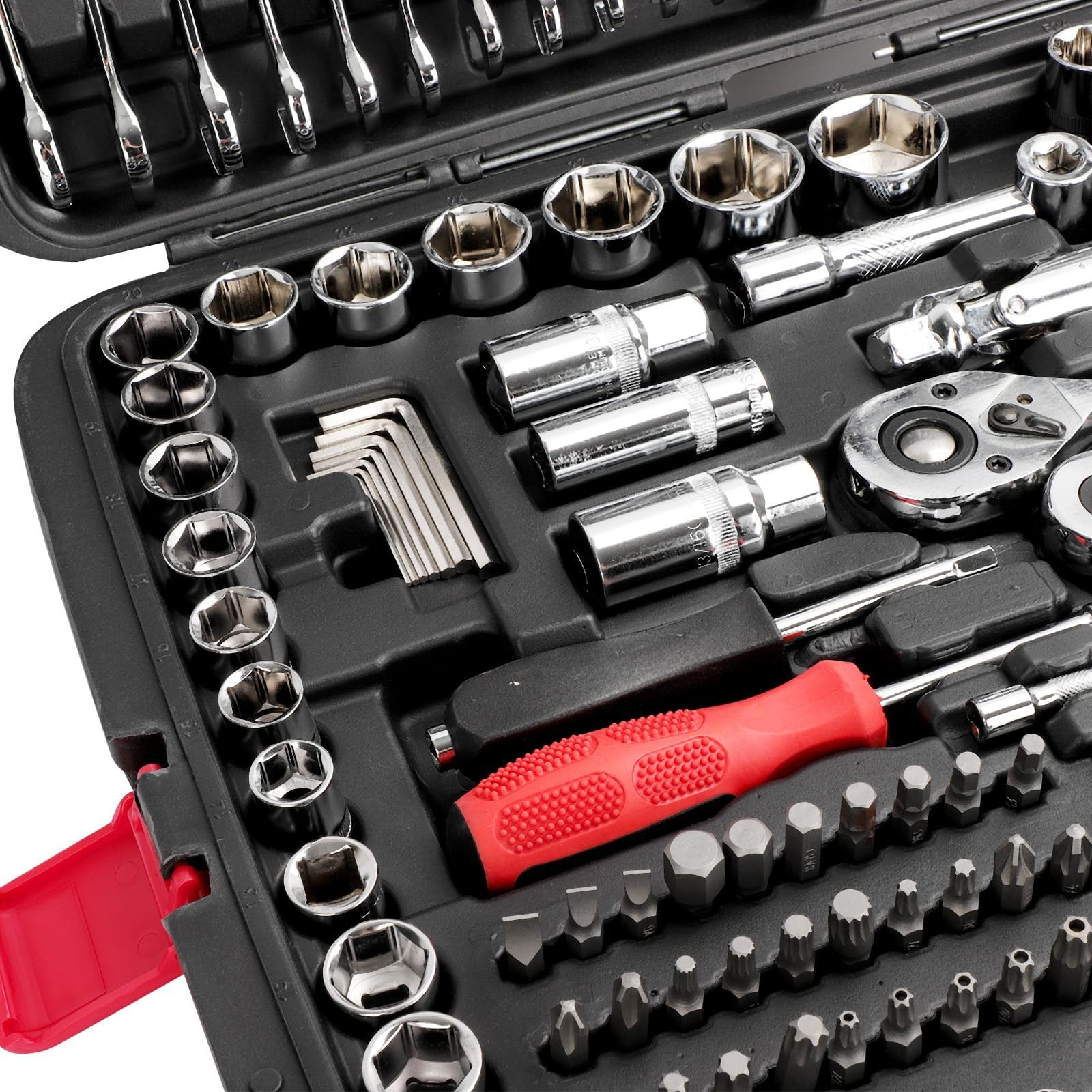 Werkzeugkoffer, 216-teilig (inklusive Koffer) 1/2", 1/4", 3/8" Steckschlüsselsatz mit Ratschenschlüsseln, Bits, Sechskantschlüsseln, Werkzeugsatz für Auto- und Heimwerkerarbeiten