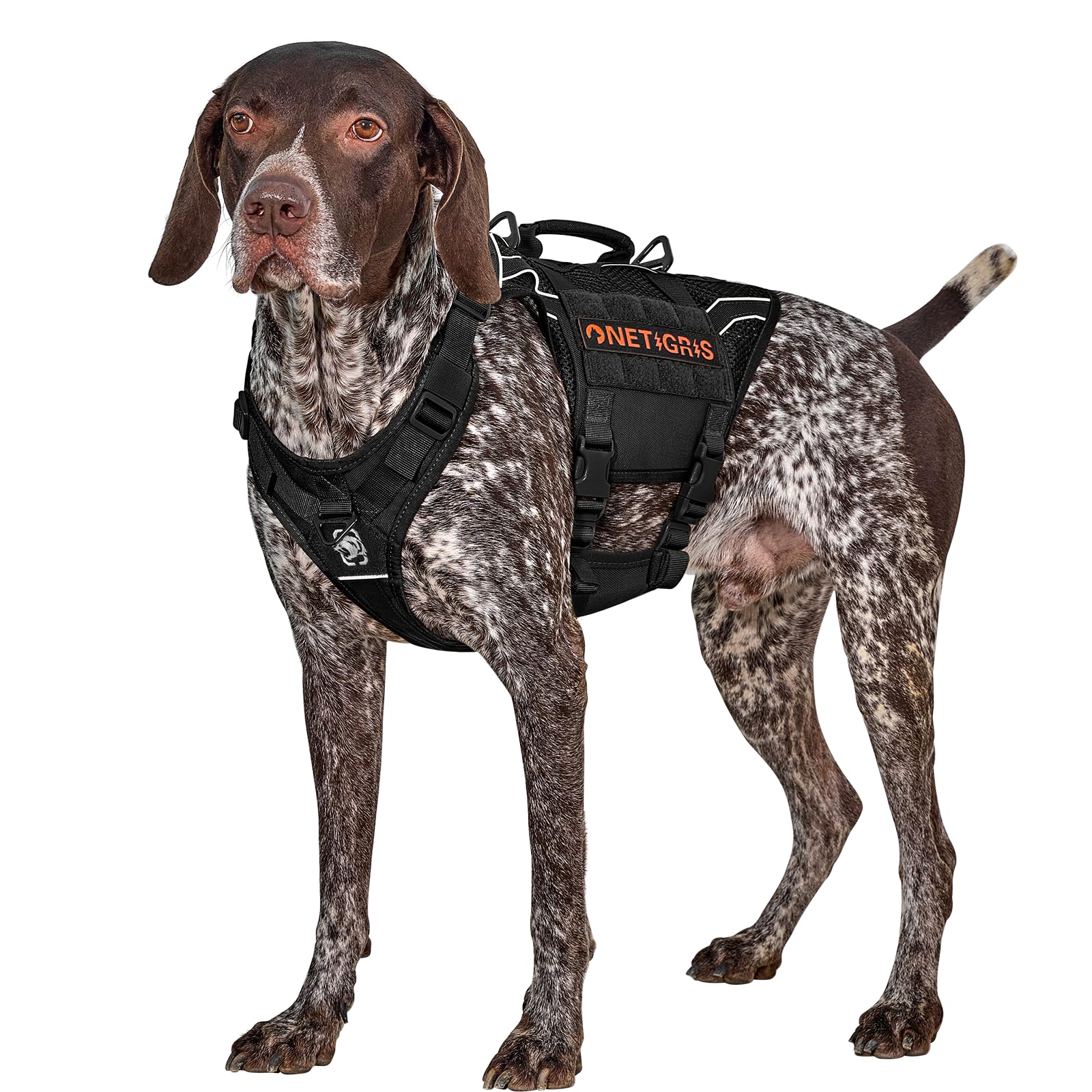 OneTigris Pettorina Cane Taglia Grande, AIRE Armor Mesh Traspirante Tattiche Pettorina per Cane, con 2 manici e 3 anelli a D No-Pull, Riflettente Addestramento Cani Anti Tiro, Nero, M