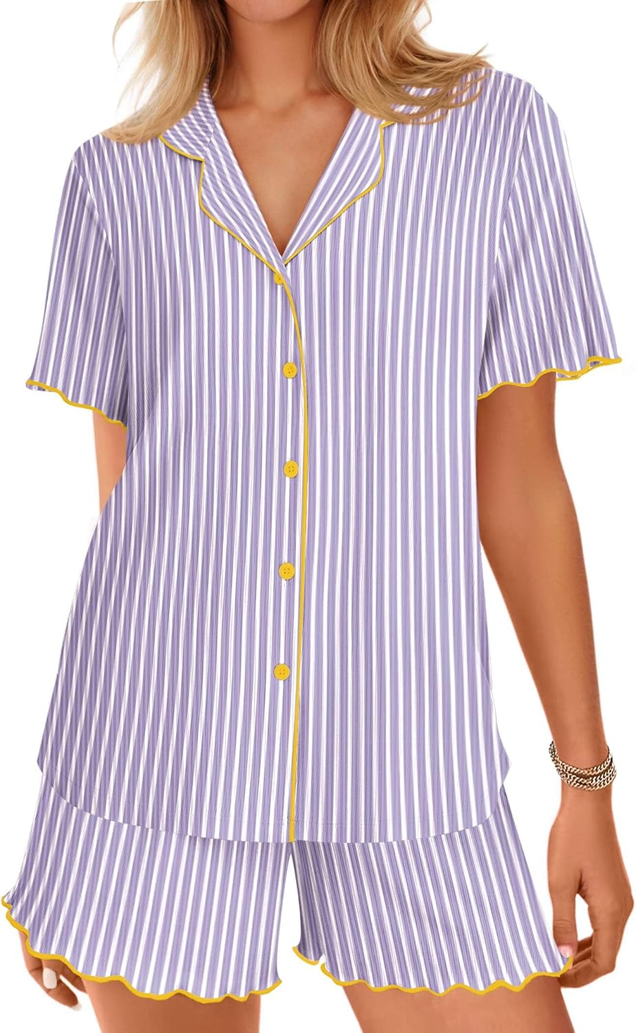 Ekouaer Button Up Pajamas Set for Women Short Sleeve Ribbed Knit Sleepwear 2 Piece Pjs Shorts Set