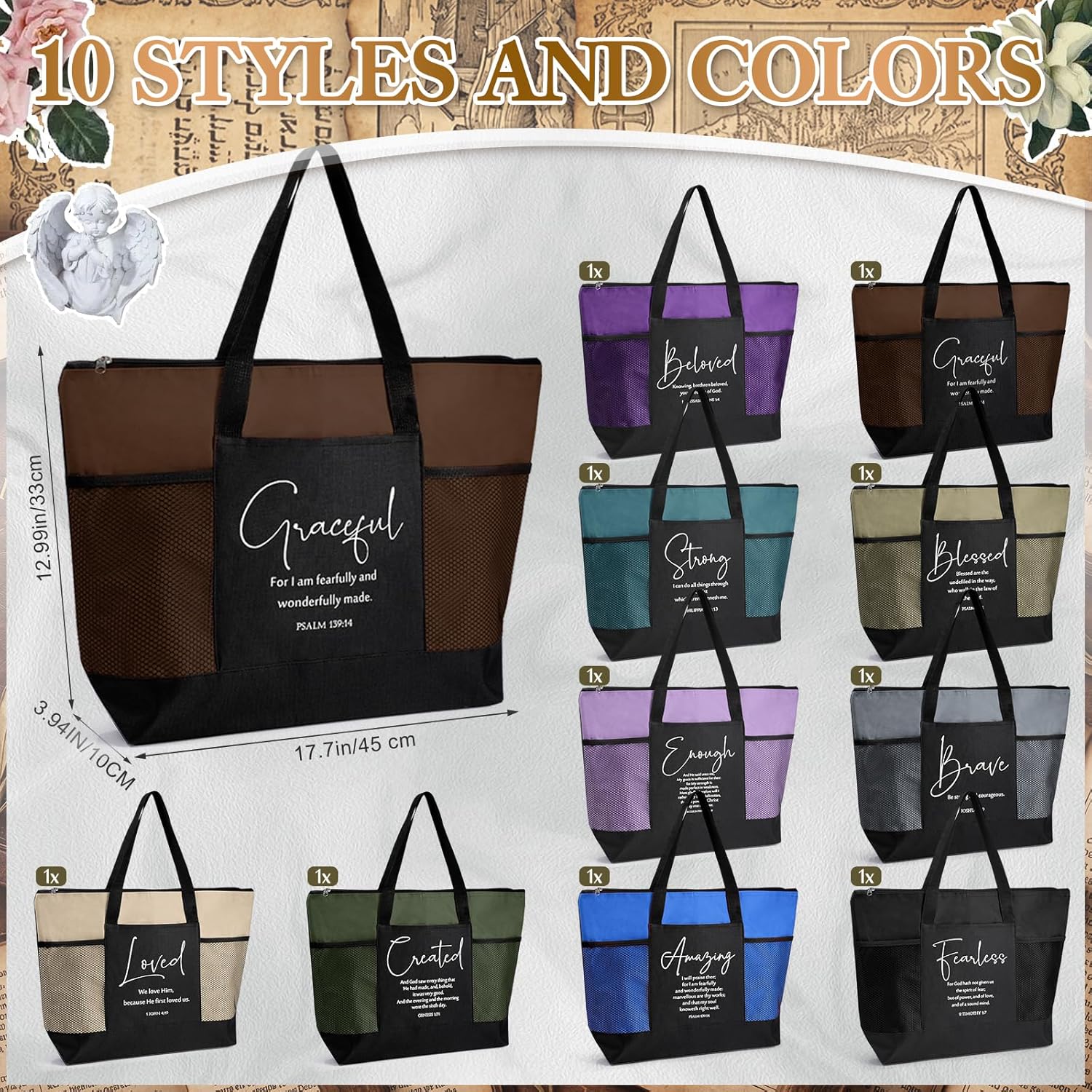 Paterr 10 Pcs Christian Mothers Day Tote Bags Bulk with Pocket Zipper for Women Religious Gifts for Church Bible Study Bags(Morandi,Encouraged)