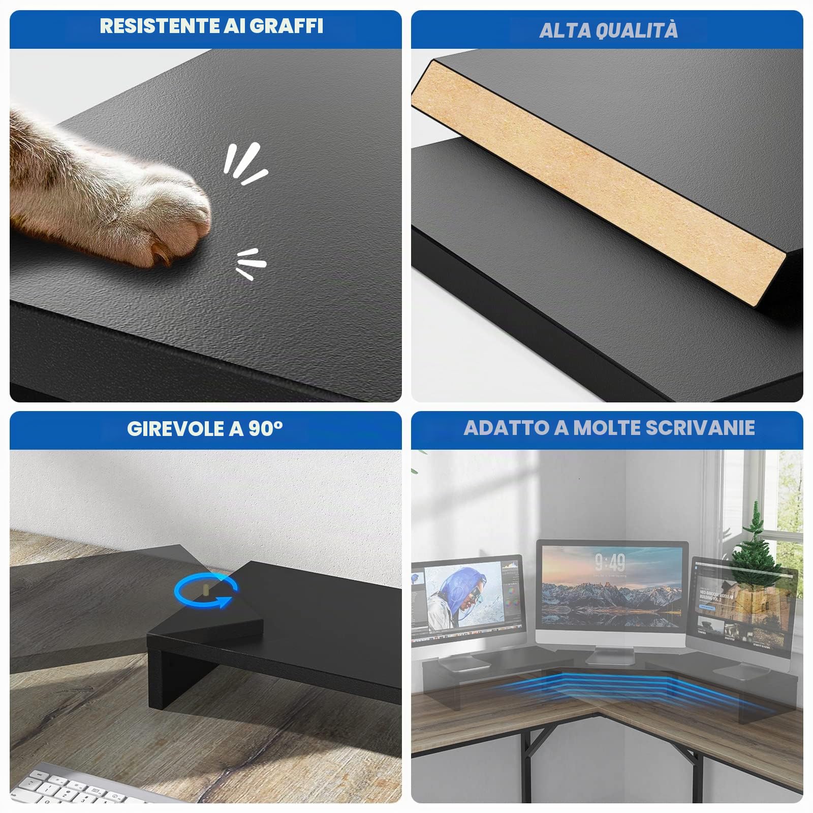 RFIVER Supporto per Doppio Monitor, Supporto Monitor 3 Ripiani per Laptop, Lunghezza Regolabile e Angolo di Rotazione di Legno Desktop Organizer Supporto Max 20 kg Nero