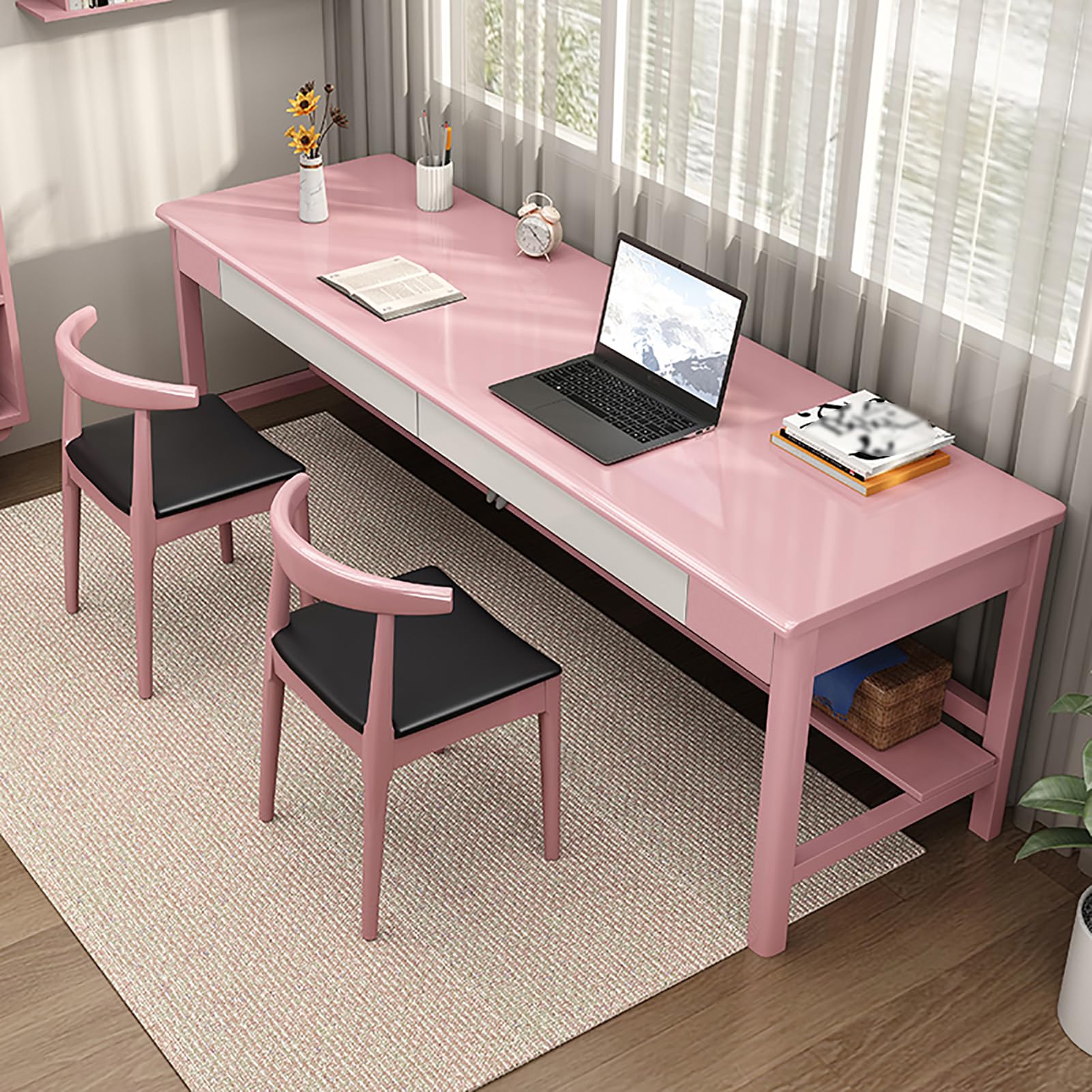 Długie biurko z 2 szufladami, biurko z litego drewna dla 2 osób, nowoczesny duży stół roboczy do domu, salonu lub sypialni (160 x 60 x 80 cm (63 x 24 x 31), różowe