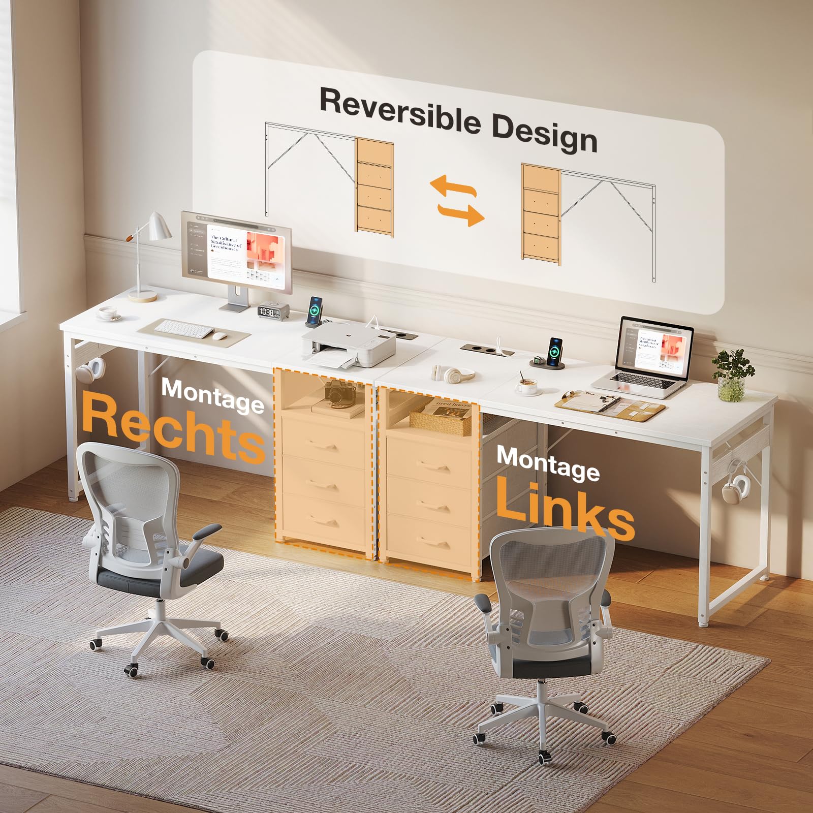ODK Kleiner Schreibtisch mit 3 Schubladen aus Stoff, 100x48x75,5 cm Computertisch mit 2 Steckdosen und USB-Anschlüssen, Umkehrbarer PC-Schreibtisch Bürotisch für kleines Home Office, Weiß