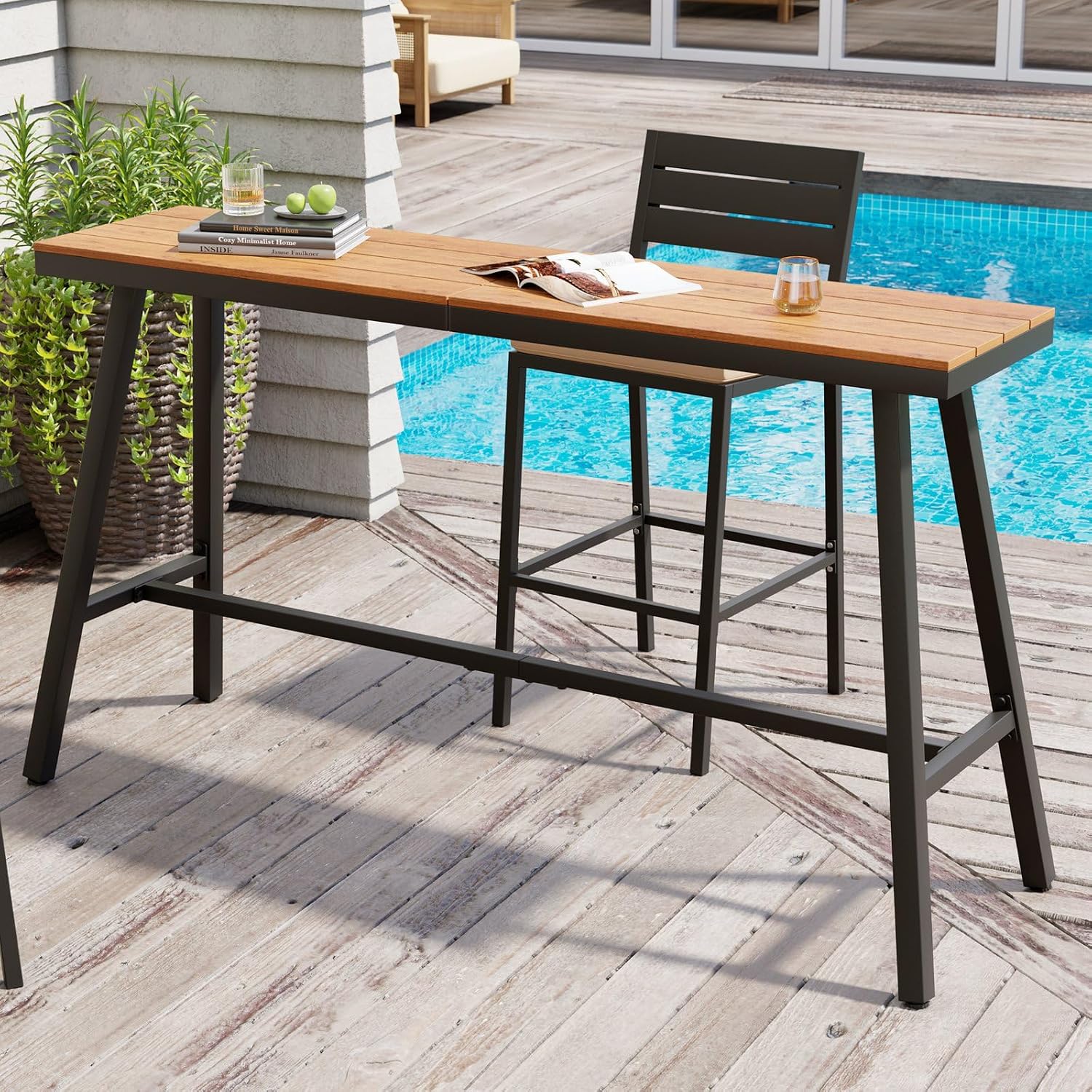 Crestlive Products Outdoor Bar Table, Hot Tub Table, 63'' Patio Bar Height Table with Weather Resistant Waterproof Top for Balcony, Bistro, Garden, Backyard, Poolside, Indoor (Brown)