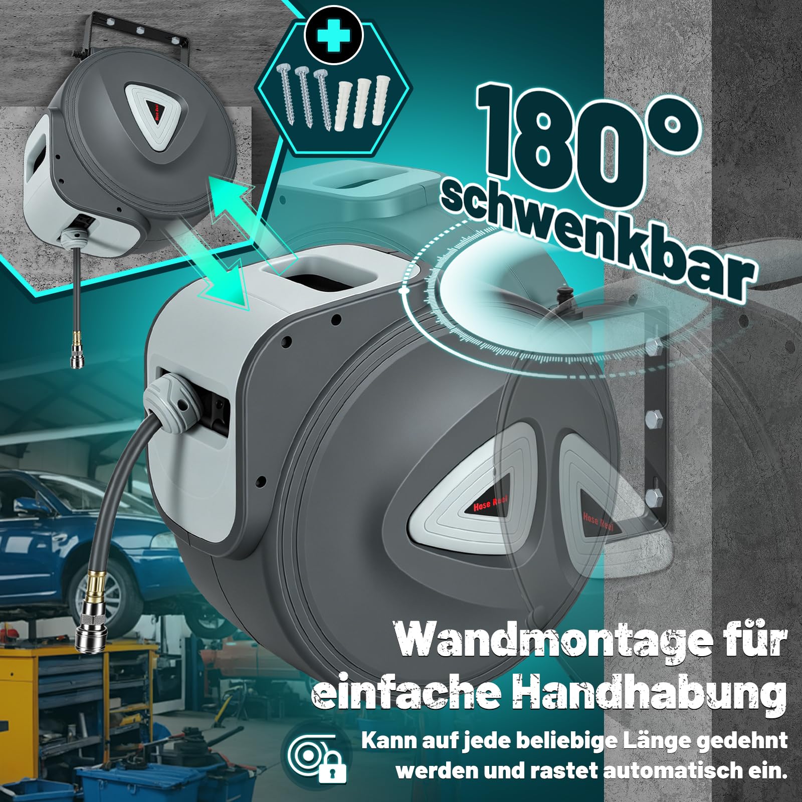 Druckluftschlauch, 30m Kompressor Schlauchtrommel Automatik Druckluftschlauchtrommel Aufroller, Schnellkupplung 1/4'', Wandhalterung Druckluftschlauch-trommel für Kompressor Werkstatt, Grau