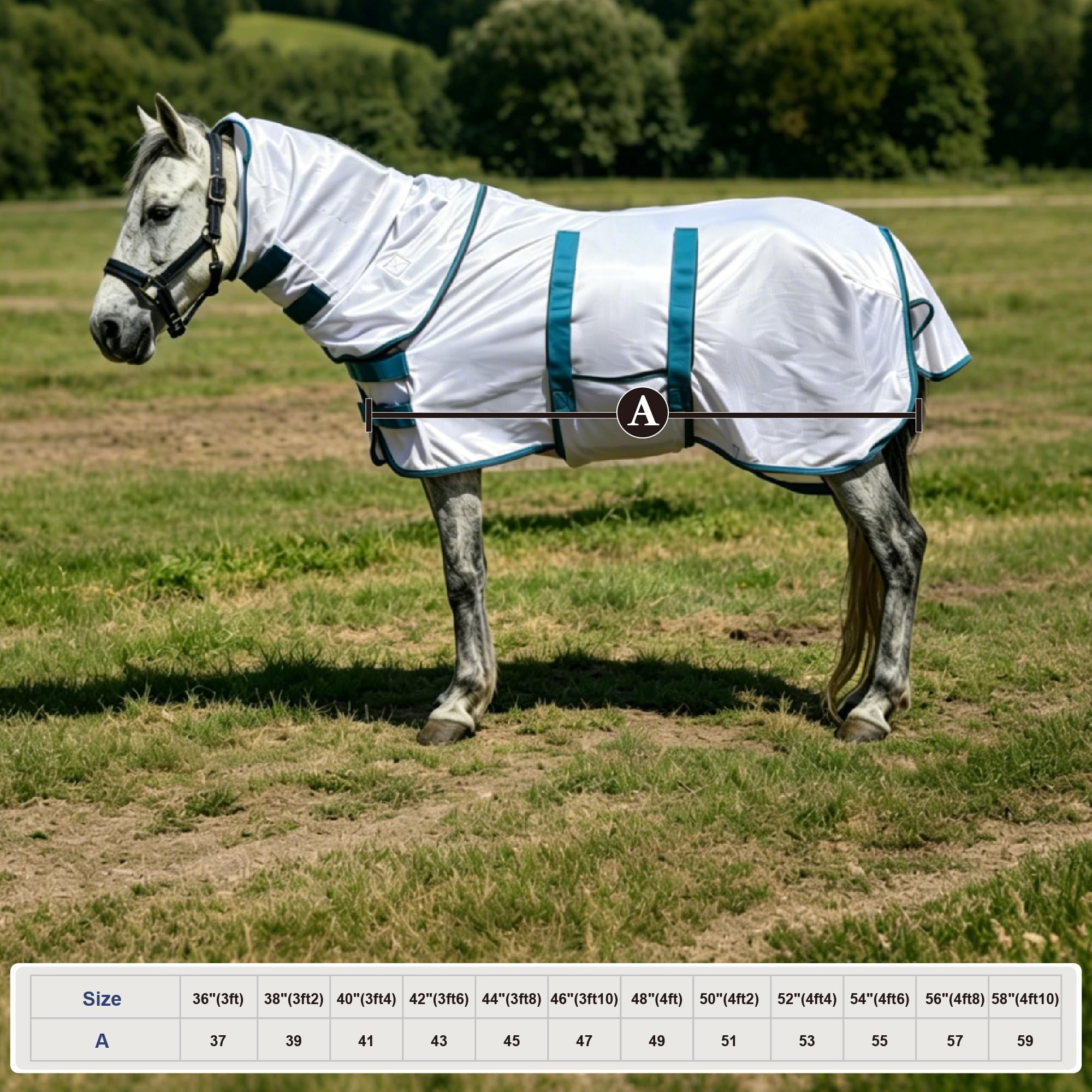 Alfombra con cuello combinado – Sábana de malla ligera y suave para verano para poni Shetland, potro/burro, blanco (3'20.3 cm)