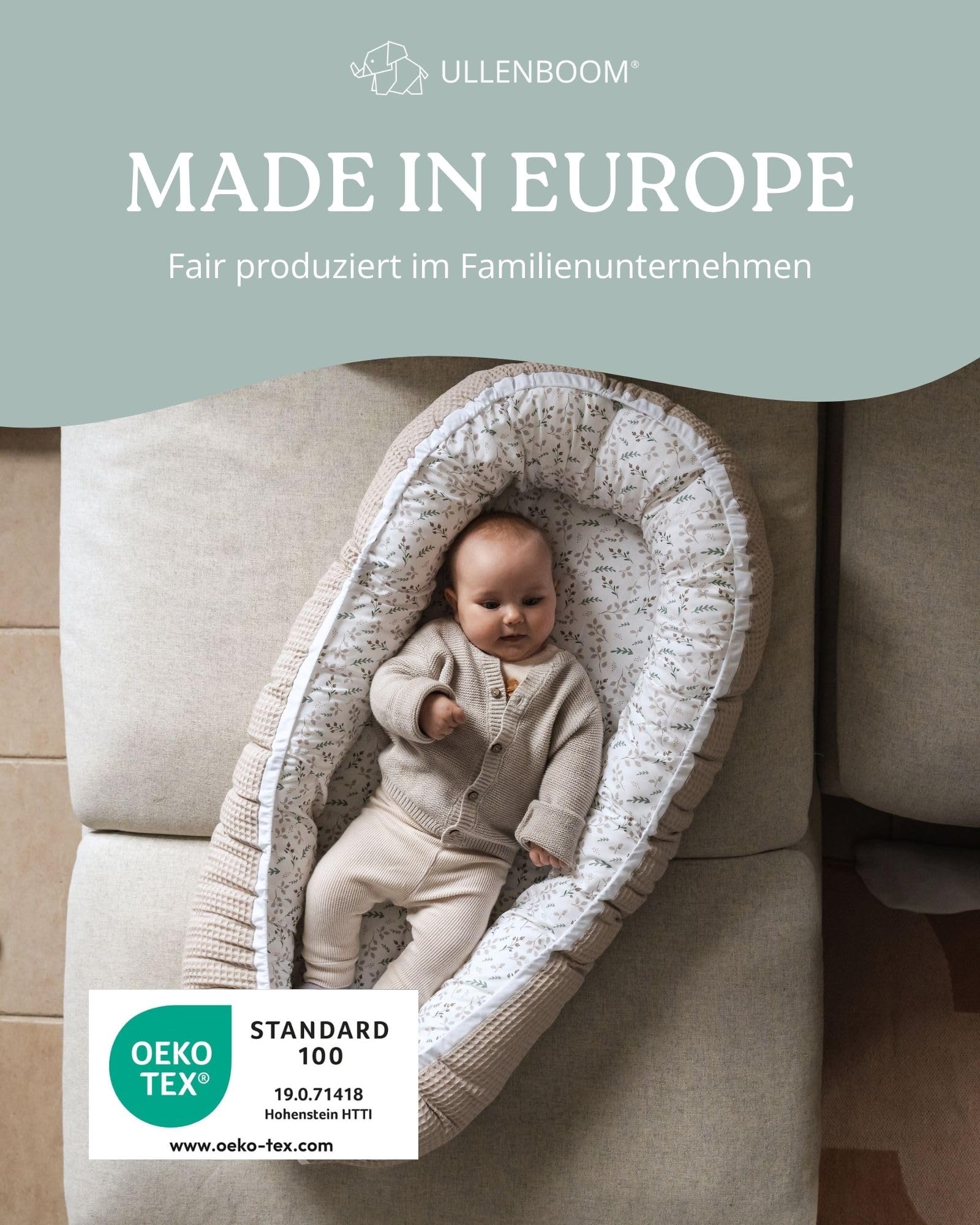 ULLENBOOM Babynest OEKO-TEX Materialien Made in EU Babynestchen Neugeborene Kuschelnest Baby tragbares Reisebett gepolstert waschbar 55x95 cm