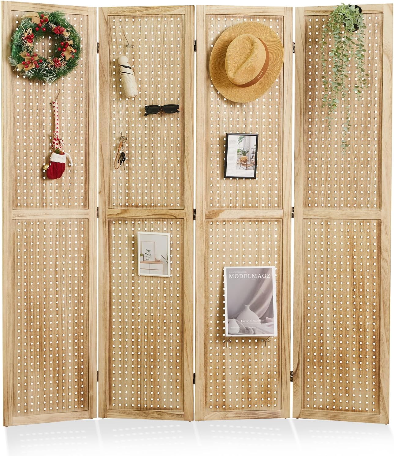 Pegboard Display, 5.6Ft Wooden Room Divider Folding Privacy Screens Portable Freestanding Wall Organizer for Retail Craft Art Display Board (4panels, Natural)