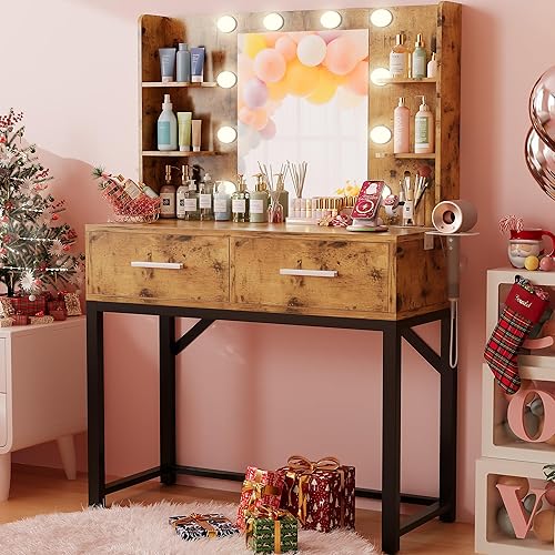 Miniatura 13 de Furmax Tocador con Espejo y Bombilla LED, Mesa Pequeña de Maquillaje con Cajones, Mesa de Vestir con Enchufe Eléctrico y Soporte para Secador de