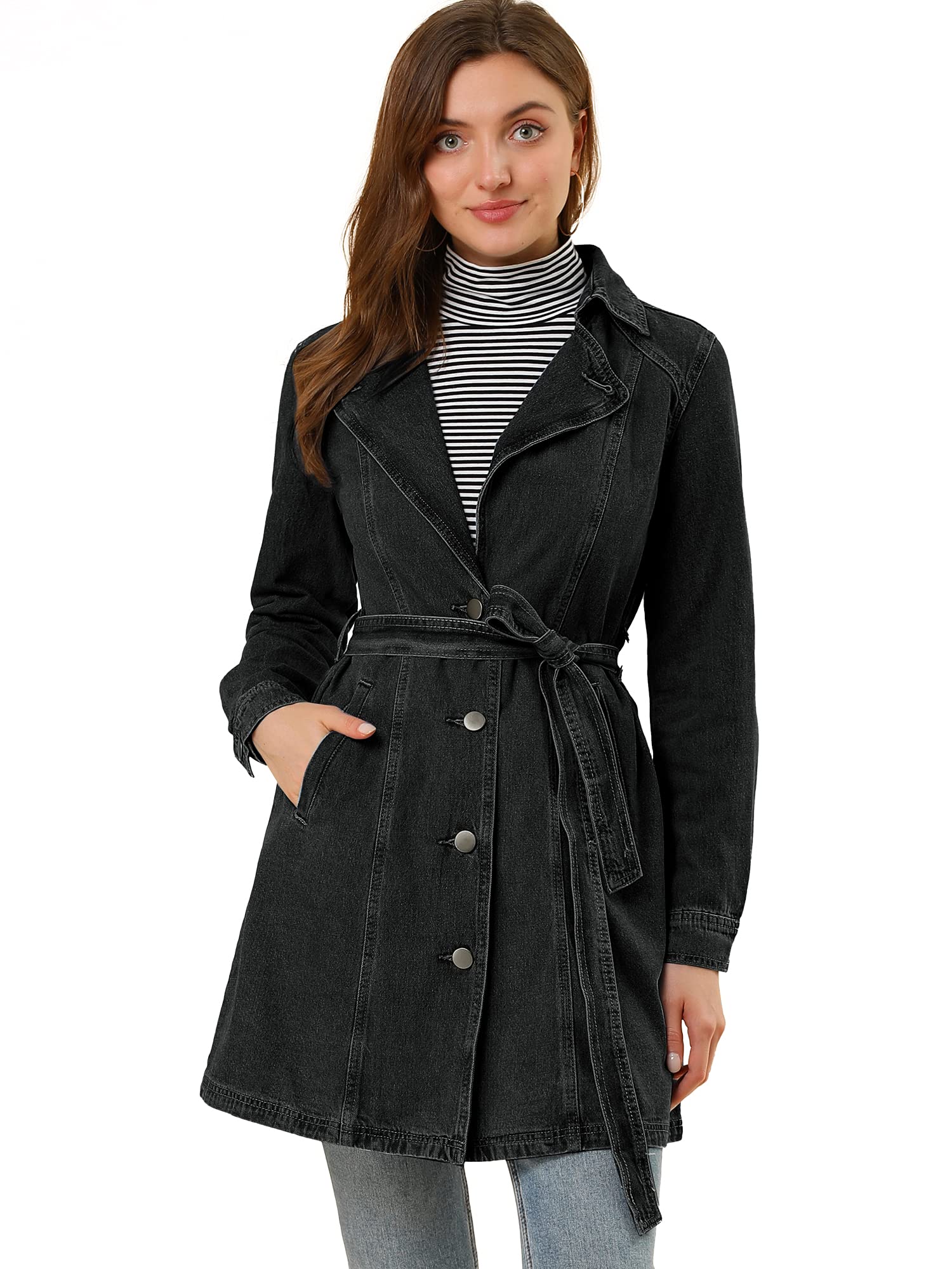 Allegra K Women Denim Trench Notched Lapel Long Sleeve Jean Jacket