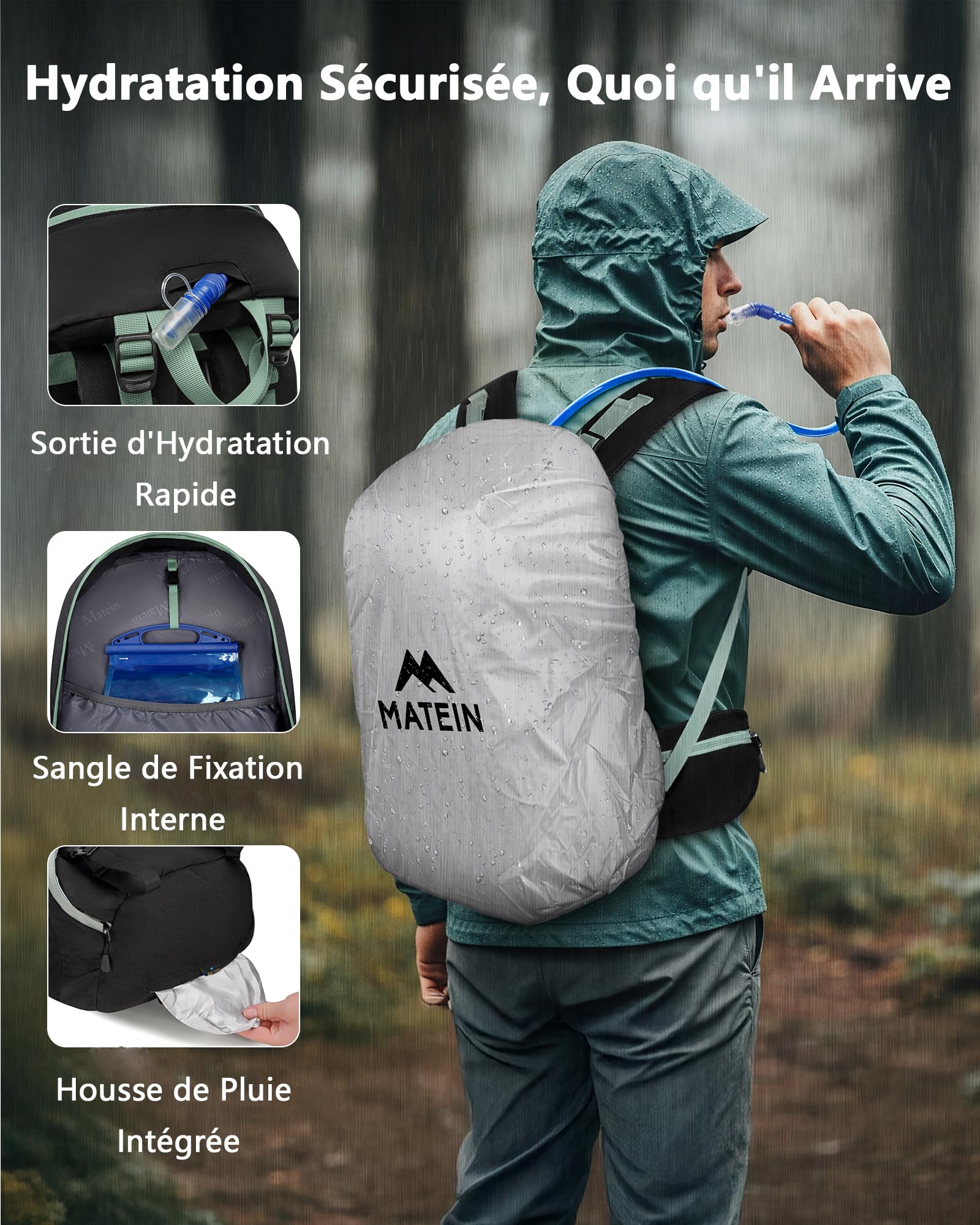 MATEIN Sac Randonnée Imperméable avec Housse de Pluie, Sac à Dos 40L, Noir
