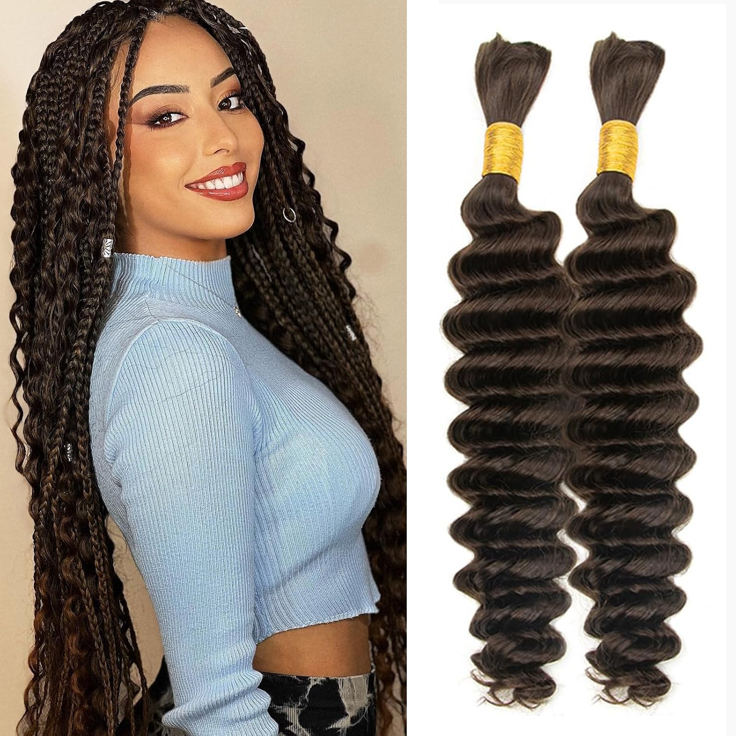 Human Braiding Hair 20 inch Deep Wave Bulk Human Hair for Braiding No Weft 100g (2Bundles-1Pack) 12A Brazilian Virgin Curly Human Hair For Boho Braids