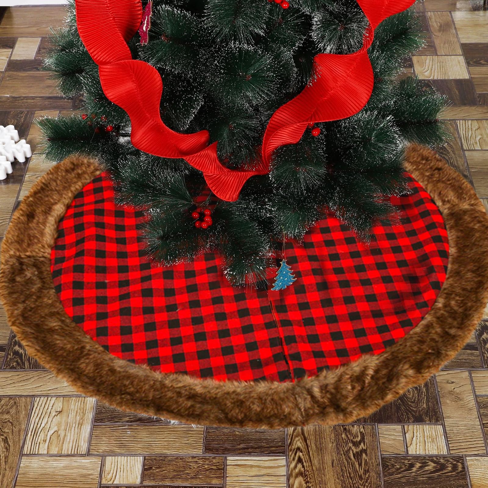 Gonna per albero di Natale, 122 cm, motivo scozzese di bufalo rosso e nero, con tela, decorazione per albero di Natale, include tappetino per albero di Natale, Capodanno, ornamento per albero