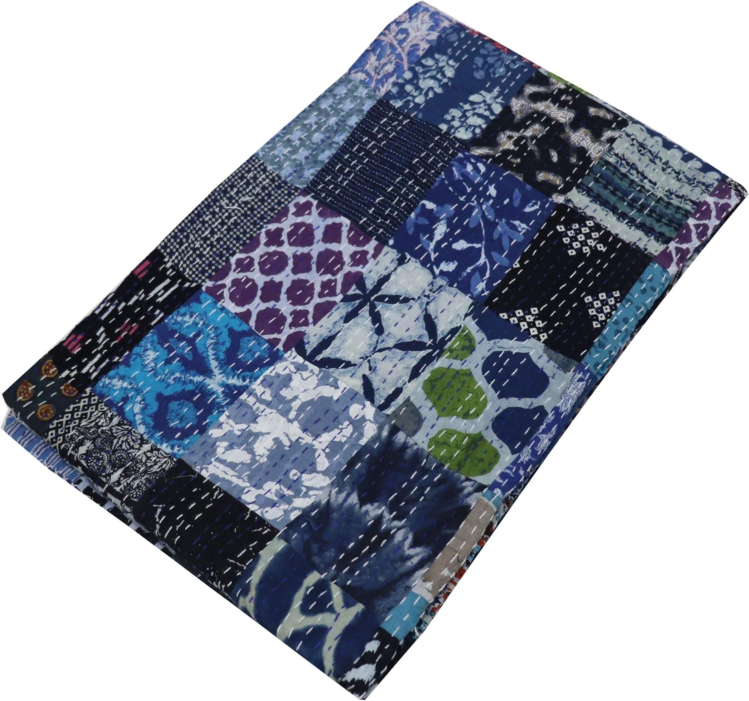 Indian Handmade Twin Cotton Patchwork Kantha Quilt Bedspread