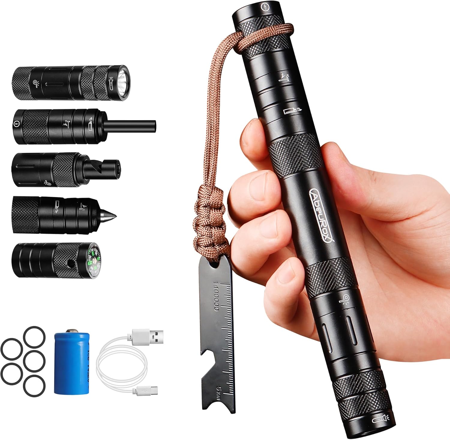 All in 1 Camping Survival Kits with LED Flashlight, Fire
