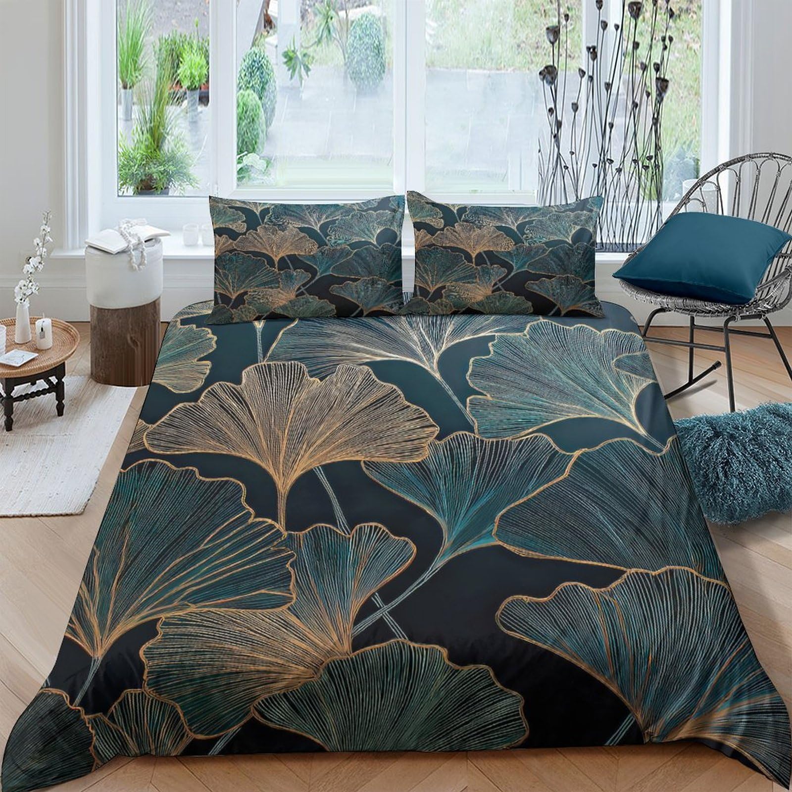 Ctjqhvkz Style-2 3D Printed Ginkgo Leaf Fitted Sheet Microfiber Soft Green Gold Botanical Mattress Cover For Bedroom Decor Single（135X200cm）
