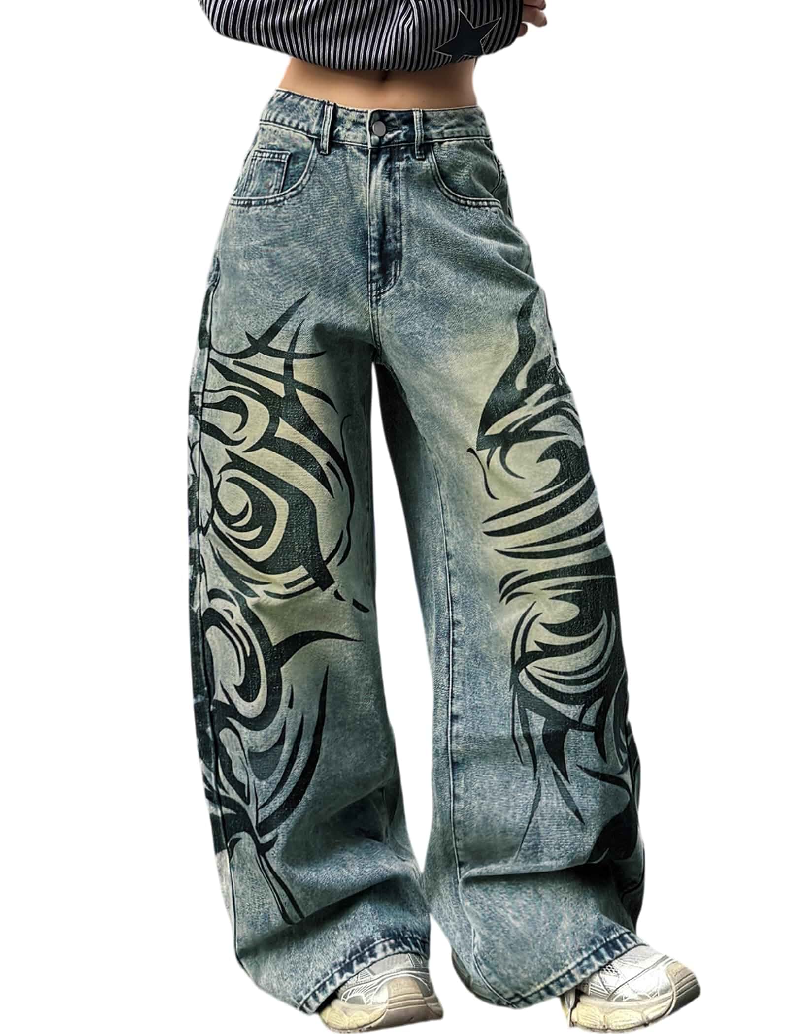 Baggy Jeans for Women Loose Vintage Y2K 90s Boyfriend Denim Pants Printed Jeans, Vintage Washed Denim, Wide leg, Mid Waist, Relaxed Fit, Hip Hip Style, Trendy, Streetwear, Casual
