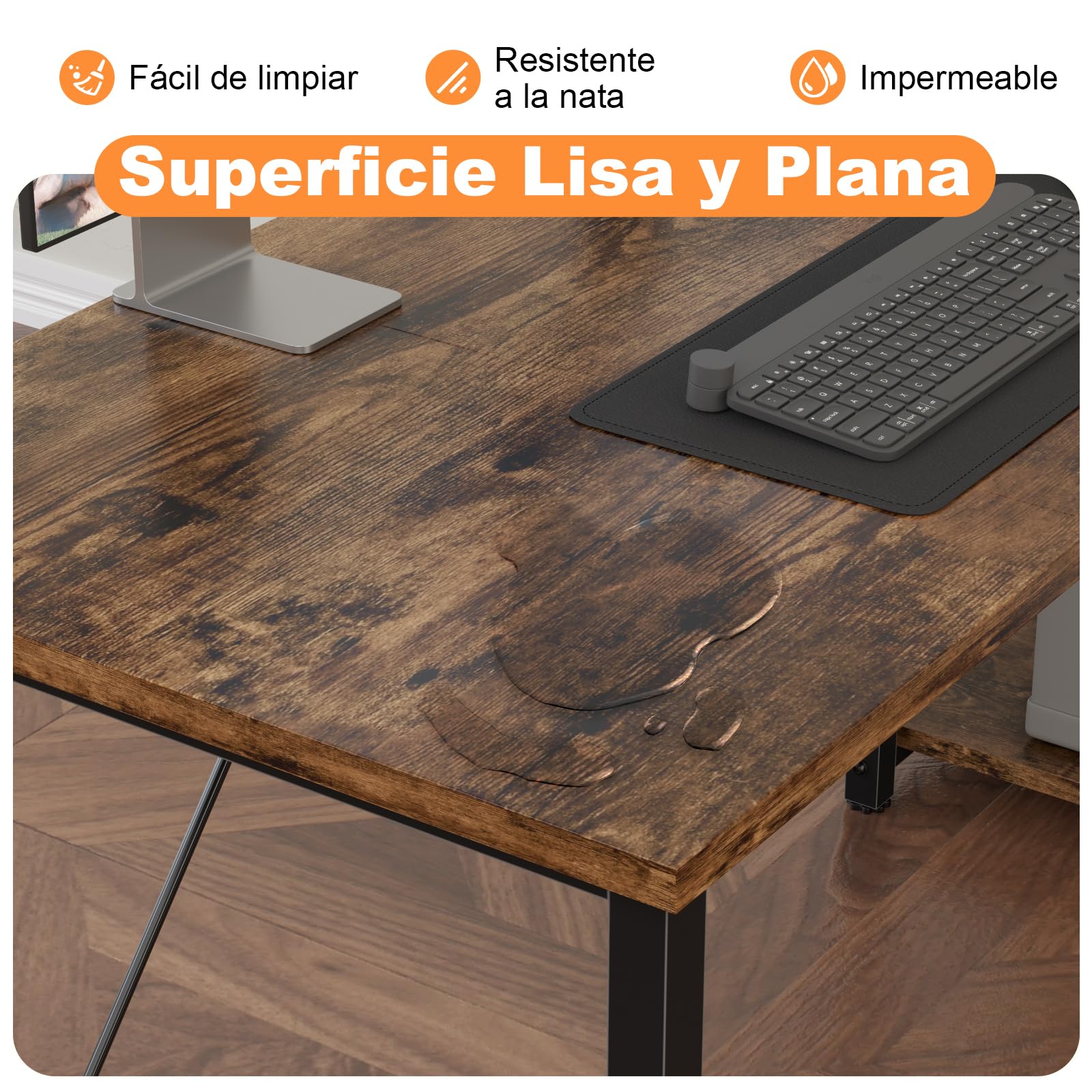 TRIUMPHKEY Escritorio Esquinero en L de 160x80 cm con Almacenamiento, Escritorio de Esquina con Estante Reversible, Estable Mesa Ordenador en L para Oficina, Estudio o Secretaría, Marrón