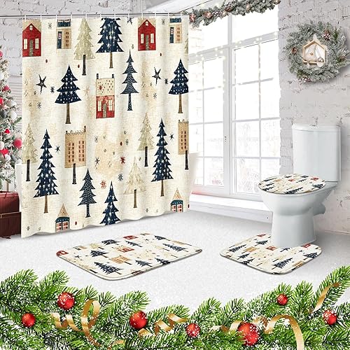 Miniatura 5 de ArtSocket Juego de baño rústico de Navidad con cortina de ducha y alfombras y accesorios, juego de cortinas de ducha desgastadas estilo casa de