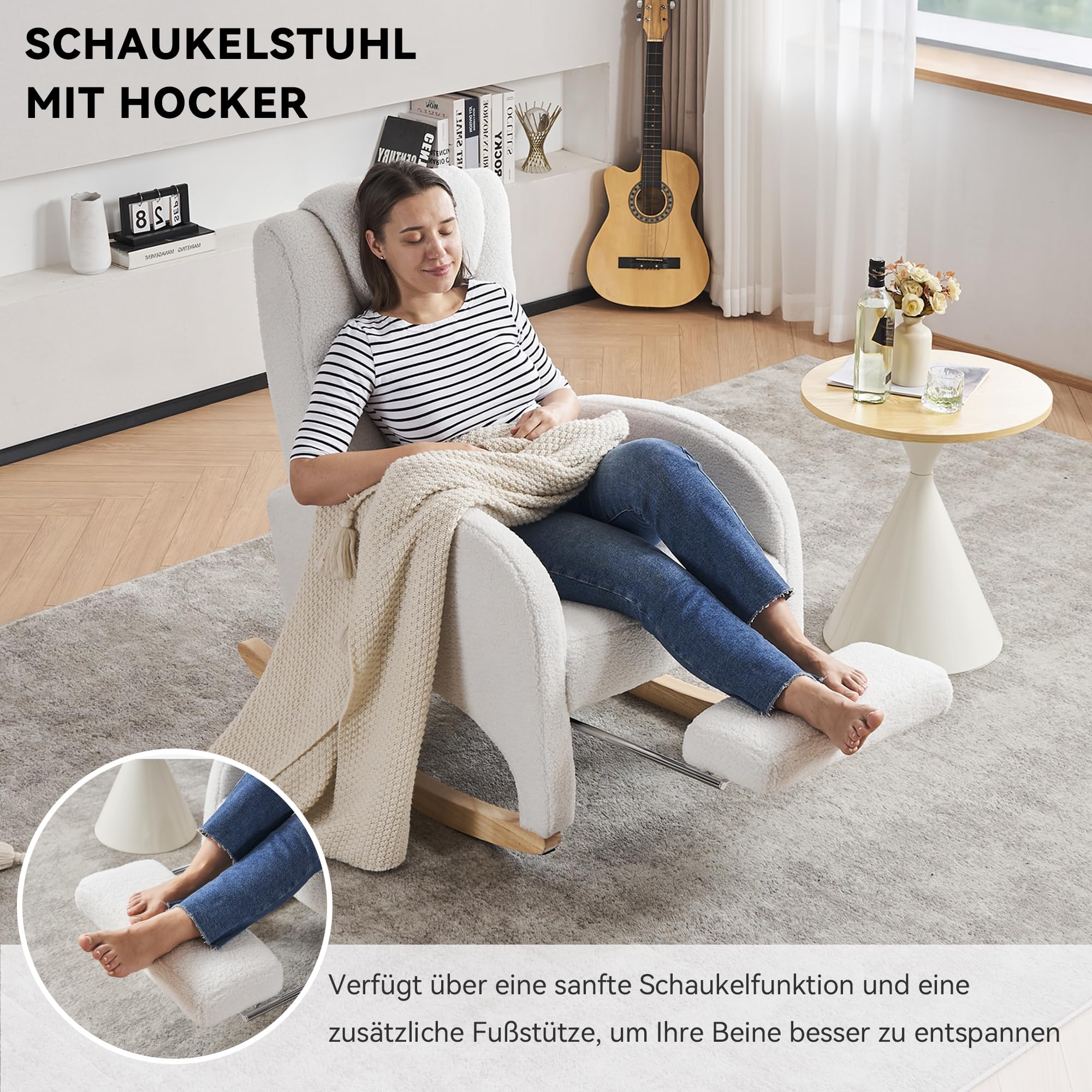 DEKKETO Teddy Schaukelstuhl mit Kopfstütze und Fußstütze, Schaukelsessel mit Hocker, Großer Stillstuhl mit Seitentasche, Relax Stillsessel Wohnzimmer, Weiß