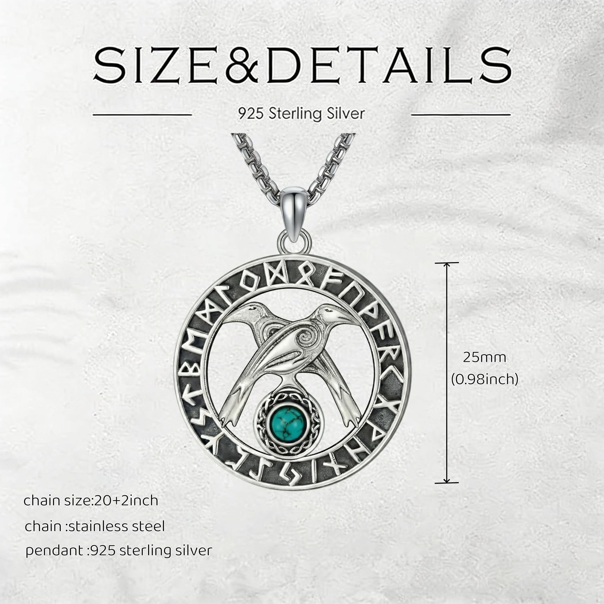 ONEFINITY Collana da uomo in argento Sterling 925, con ciondolo a forma di corvo vichingo, con runa vichinga, turchese, gioiello vichingo, regalo per donne