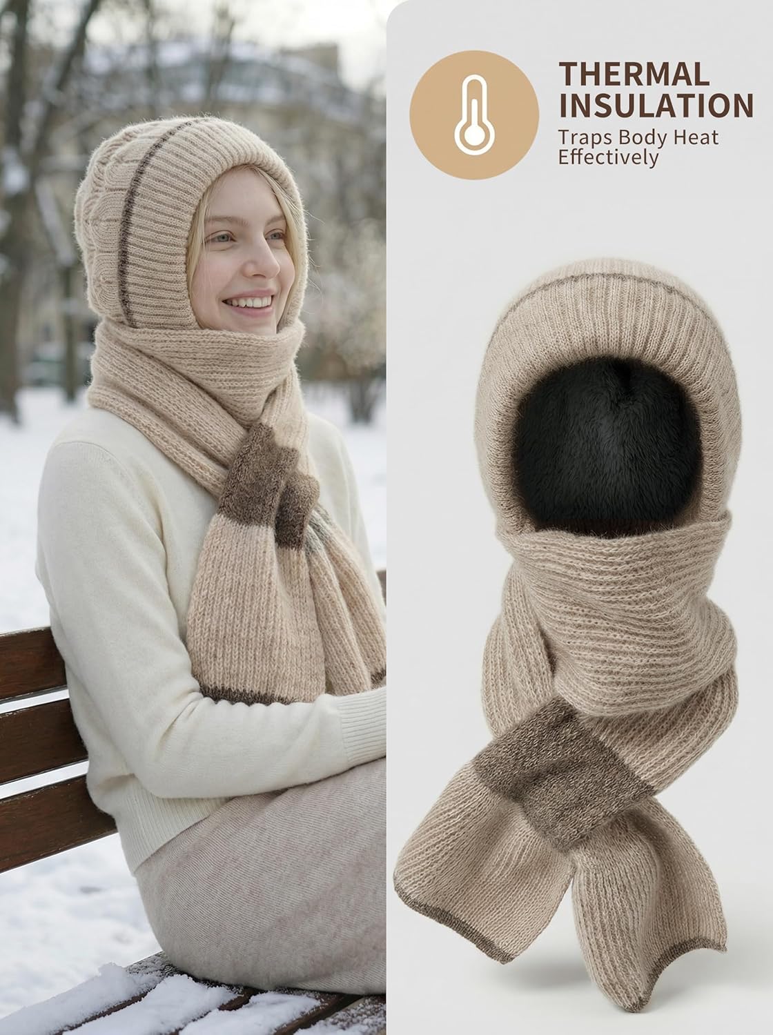 Winter Knitted Hooded Scarf, Warm Fleece Lined Hat with Attached Scarf, Windproof Versatile Hood for Cycling & Cold Weather - Image 5