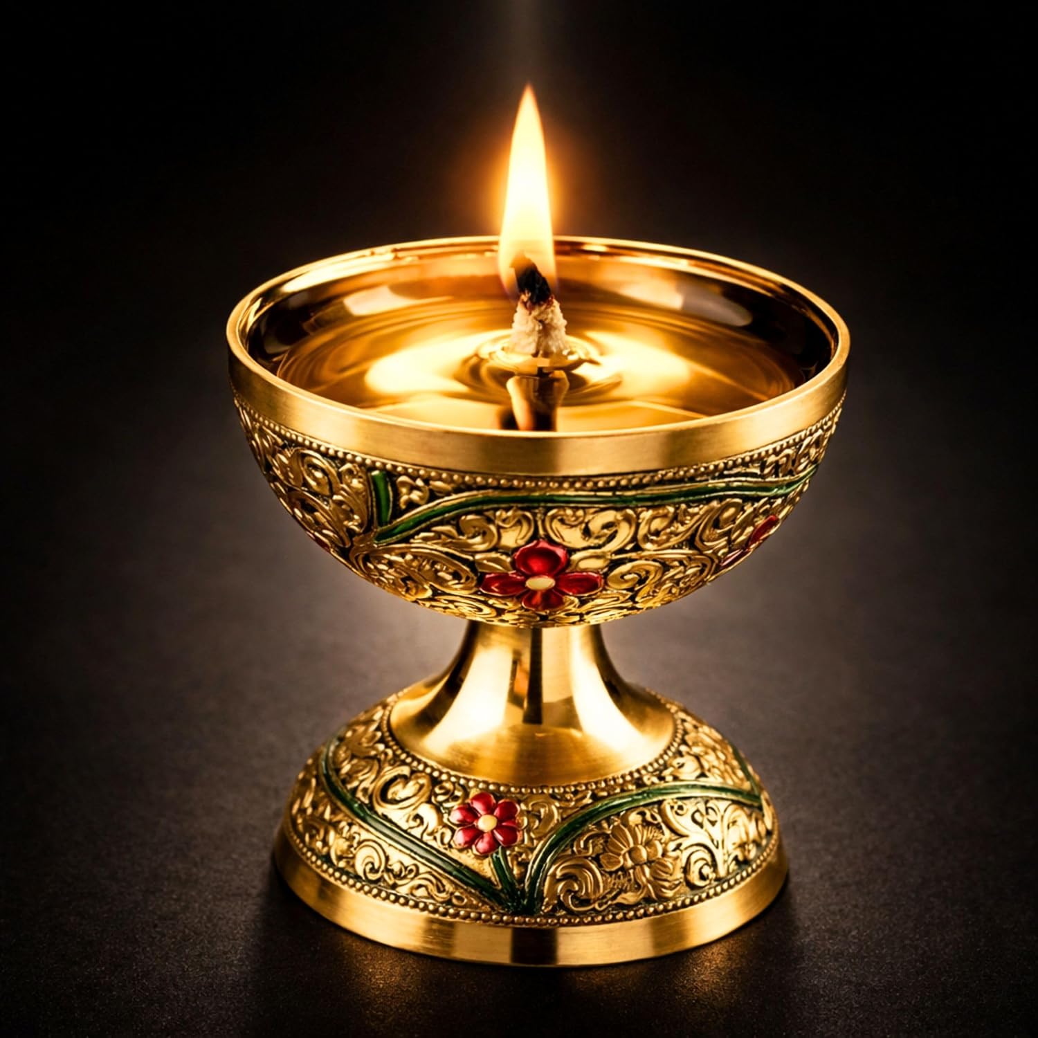 Handcrafted Brass Oil Lamp Diya | Meenakari Pooja Deepam for Home Temple, Hindu Altar & Diwali Decor | Traditional Reusable Ghee Wick Spiritual Gift - Made in India