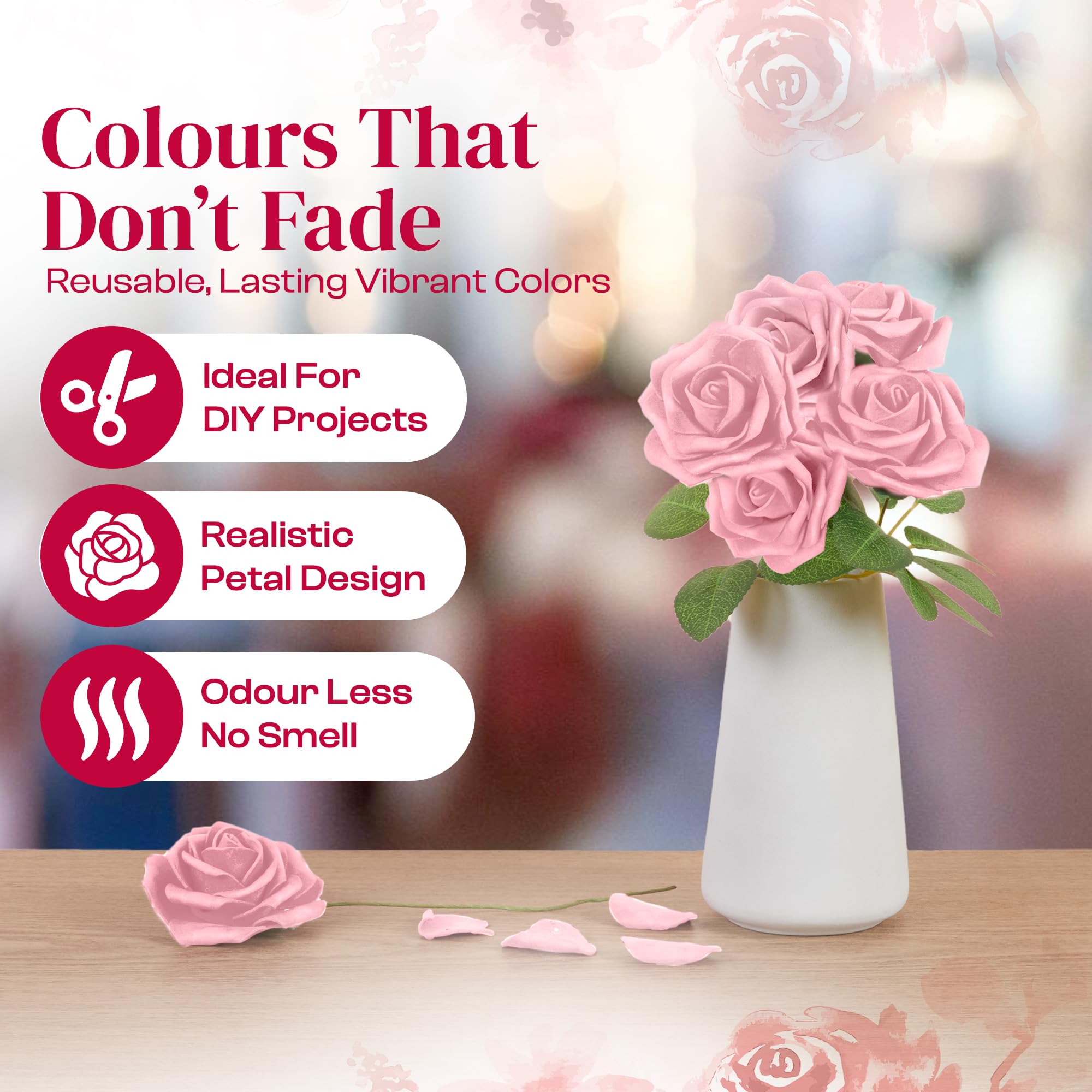 Petalscentusia Artificial Roses 25 pcs Fake Roses with Stems and 20 Leaves Foam Latex for Wedding Bouquets Valentine's Day - Image 3