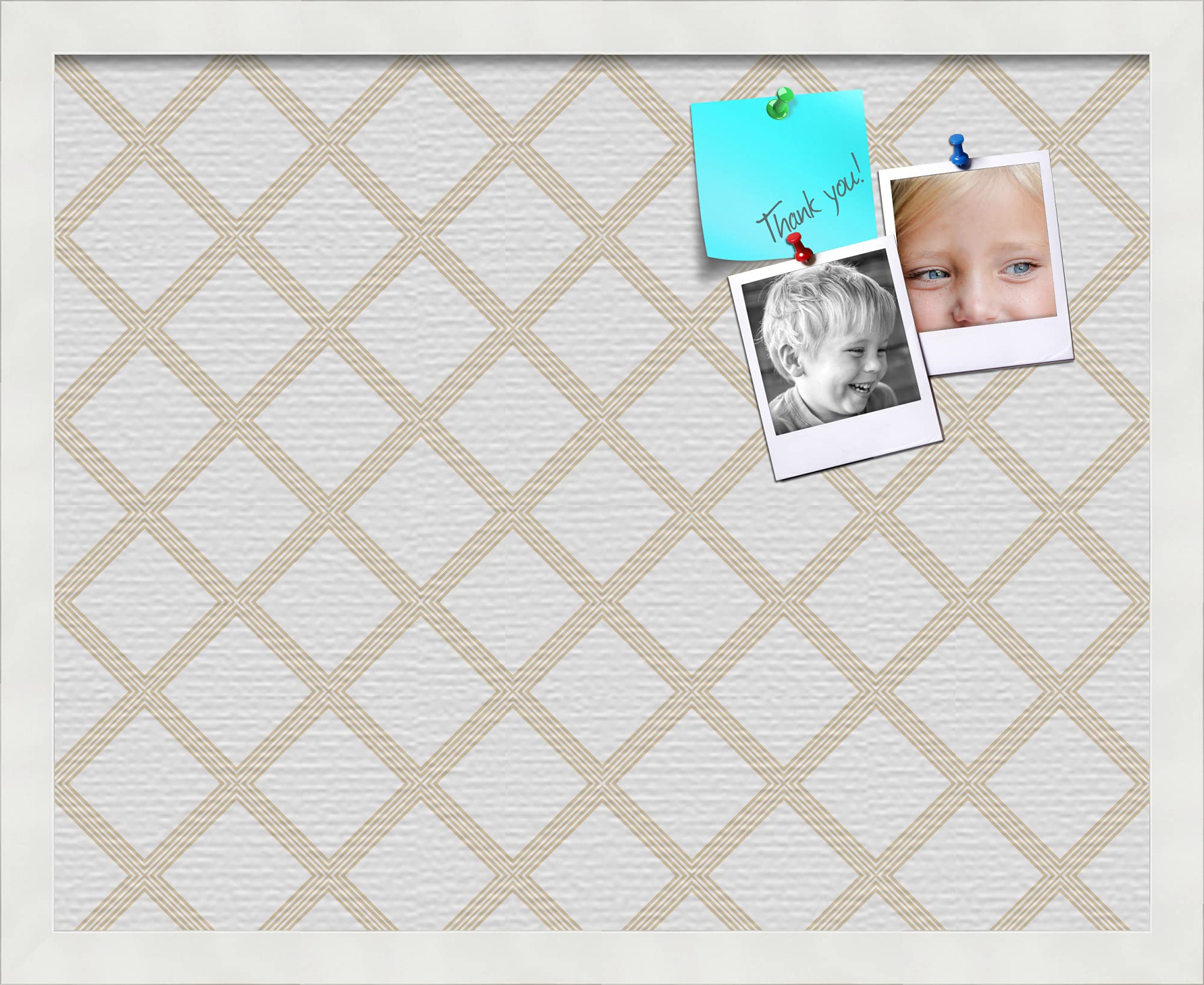 PinPix pin Cork Bulletin Board Made from Canvas, Diamond Modern Pattern Beige White 20x16 Inches (Completed Size) and Framed in Satin White Frame (