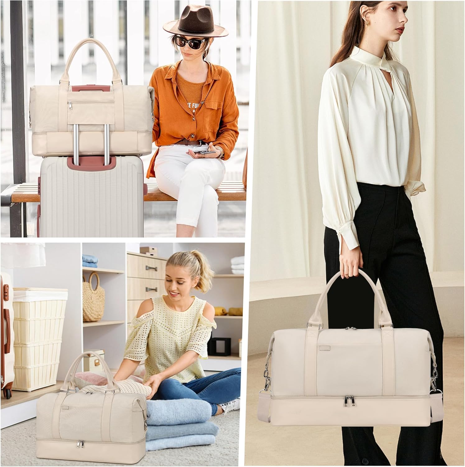 Oeihuivt Weekender Bags for Women - 21 Inch Large Travel Duffel Bag 2-Piece Set with Shoe Compartment, Heavy-Duty Canvas Leather Carry On Overnight Tote - Image 8