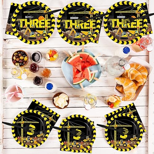 Miniatura 7 de Qyeahkj Juego de 100 piezas de vajilla de construcción para fiesta de cumpleaños de 3 años, platos de construcción desechables, servilletas,