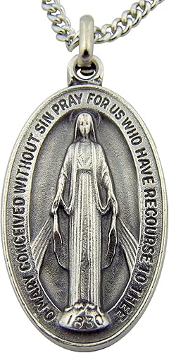 CB Silver Toned Base Oval Virgin Mother Mary Madonna Medal, 1 1/2 Inch