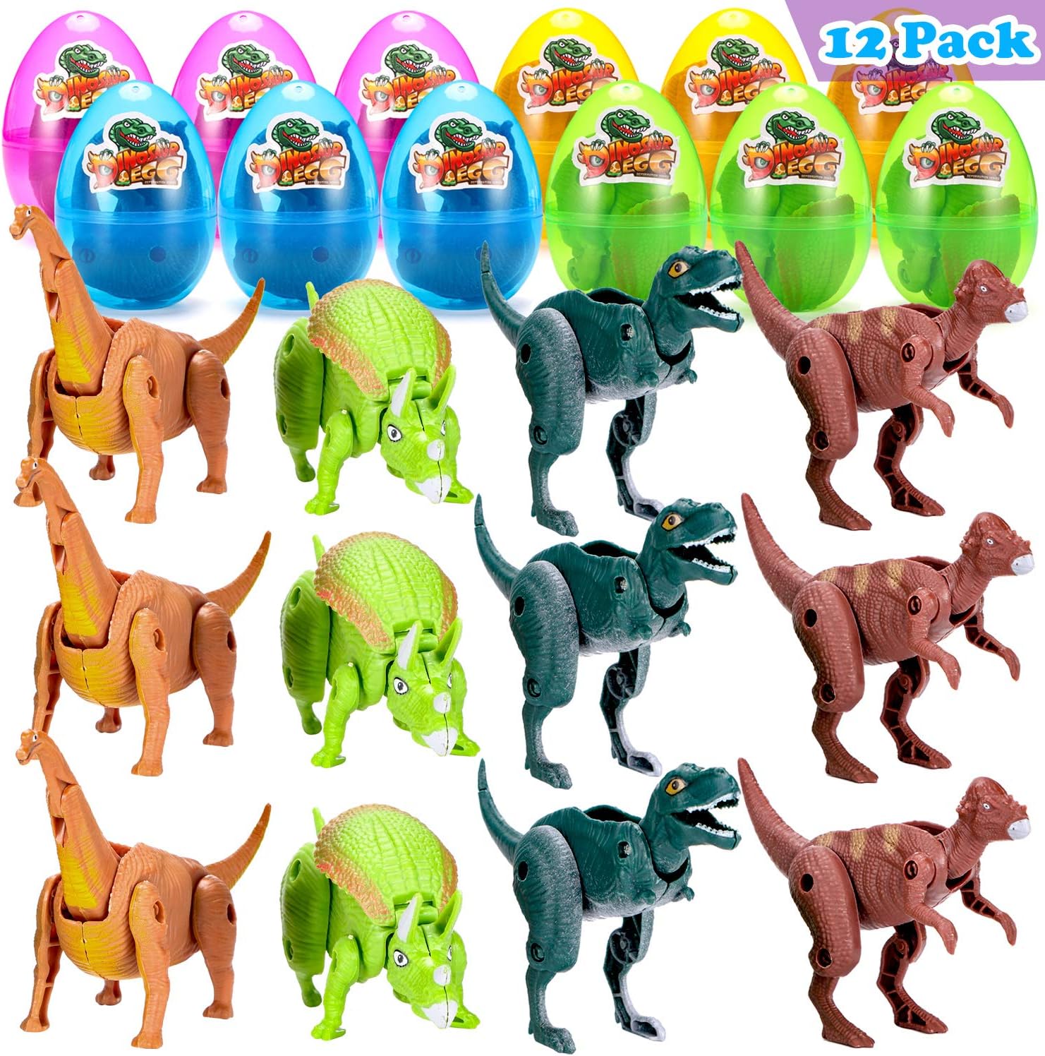 SHEOO 8 Packs Easter Basket Stuffers, Jumbo Dinosaur Easter Eggs, Prefilled Deformation Dino Plastic Eggs for Easter Egg Hunt