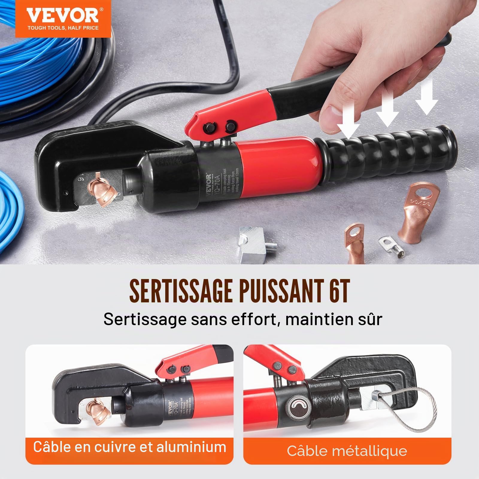 VEVOR Pince à Sertir 4-70 mm² Outil de Sertissage Hydraulique Cosses de Câbles Batterie Aluminium et Cuivre AWG12-2/0 avec Coupe-câble Paire de Gants 5 Connecteurs Anneau en Cuivre pour Électricien