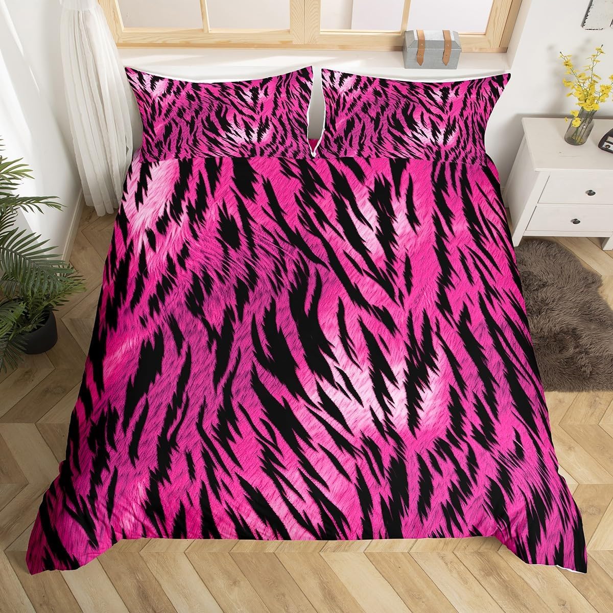 Homemissing Zebra Stripe Bedding Set for Kids Boys Girls Super King Size Hot Pink Zebra Duvet Cover with 2 Pillowcases Animal Skin Print Bedroom Decor,Zipper Closure โ image 1