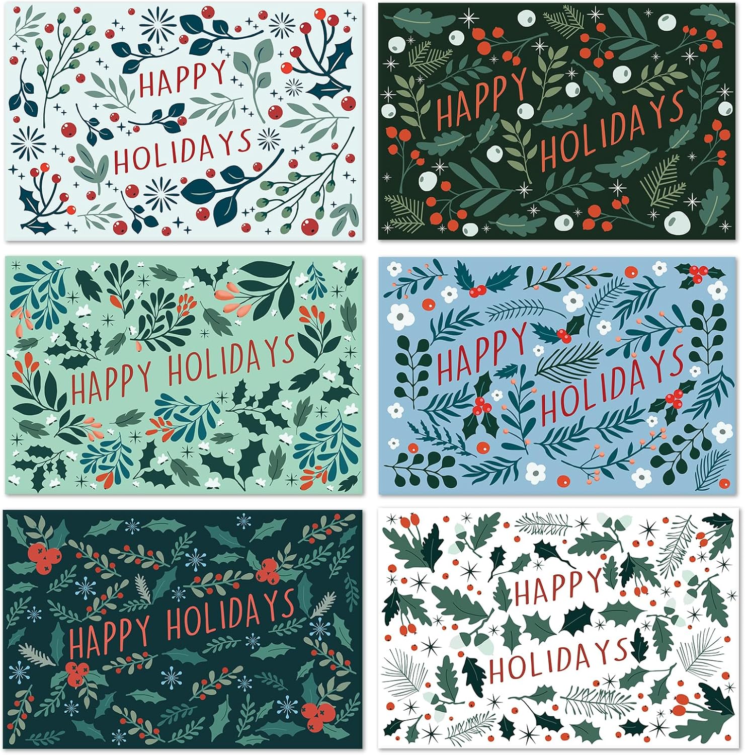 24 Pack Happy Holiday Christmas Cards, Rustic Holiday Greeting Cards Set with Envelopes, Boxed 6 Unique Hand-Drawn Designs with Messages Inside (Happy Holidays/Christmas)
