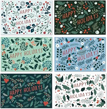 24 Pack Happy Holiday Christmas Cards, Rustic Holiday Greeting Cards Set with Envelopes, Boxed 6 Unique Hand-Drawn Designs with Messages Inside Happy Holidays/Christmas