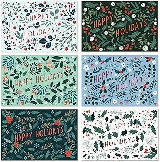 24 Pack Happy Holiday Christmas Cards, Rustic Holiday Greeting Cards Set with Envelopes, Boxed 6 Unique Hand-Drawn Designs with Messages Inside (Happy Holidays/Christmas)