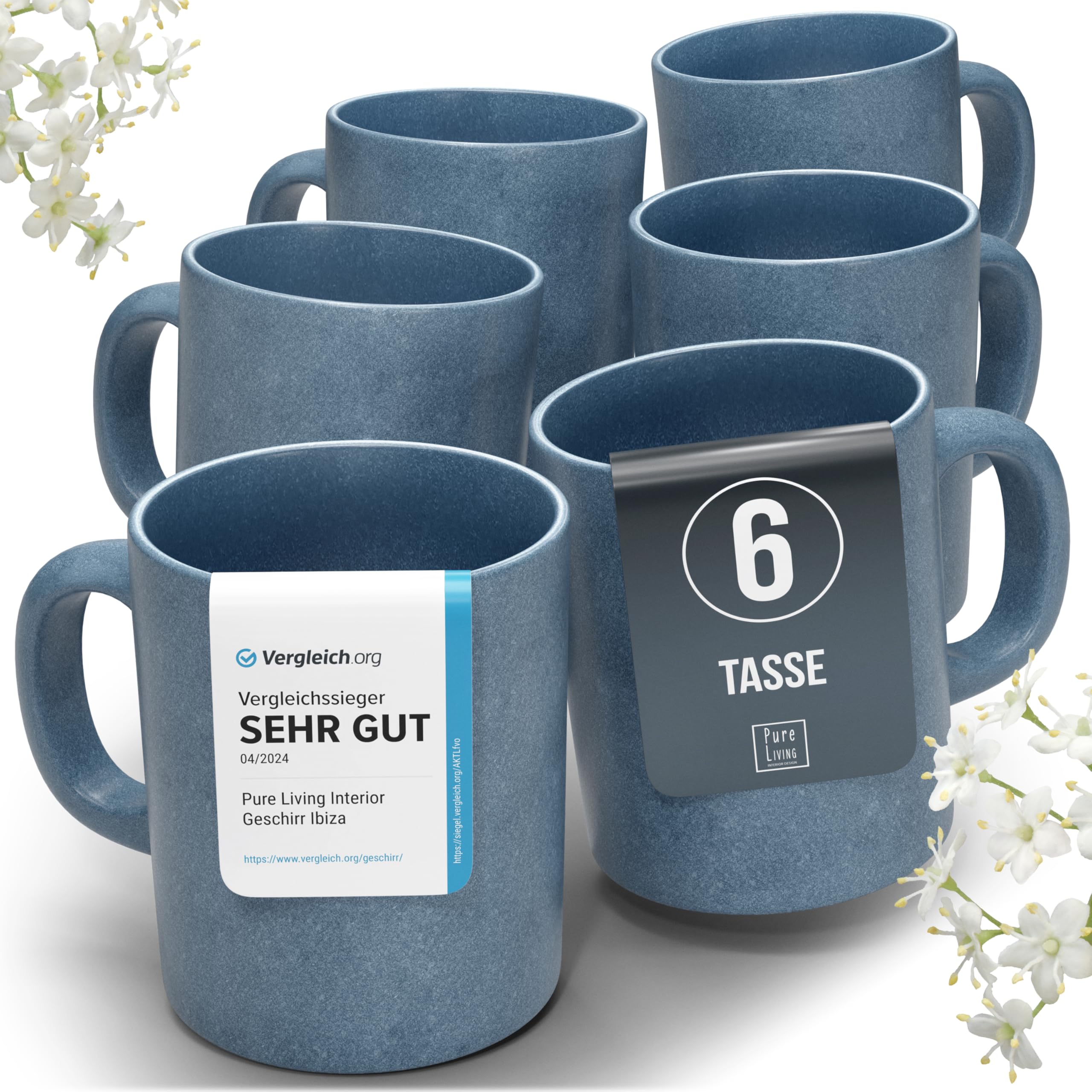 Steingut Kaffeetassen 6 Pers. Hochwertiges Urban Style TEST SEHR GUT Tassen Set, Spülmaschinen-, Mikrowellen- und Kratzfest- Stylisches Tee- und Kaffeebecher Set- Pure Living in matt Blau