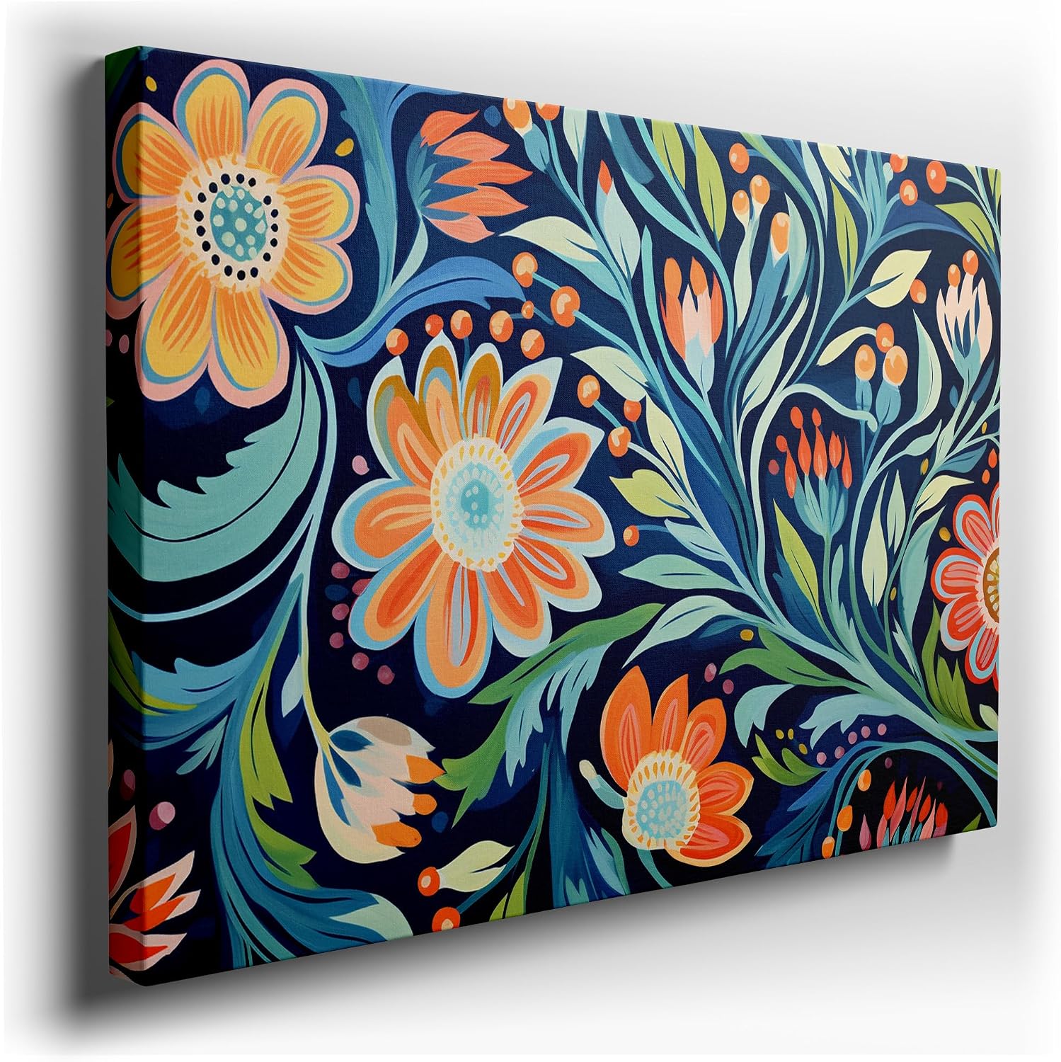 Canvas for Living room. Abstract Blossom Harmony in Orange and Blue: A Digital Painting Exploration, 27 x 18 inch Canvas Wall Art - Contemporary Masterpieces - Modern Home Decor