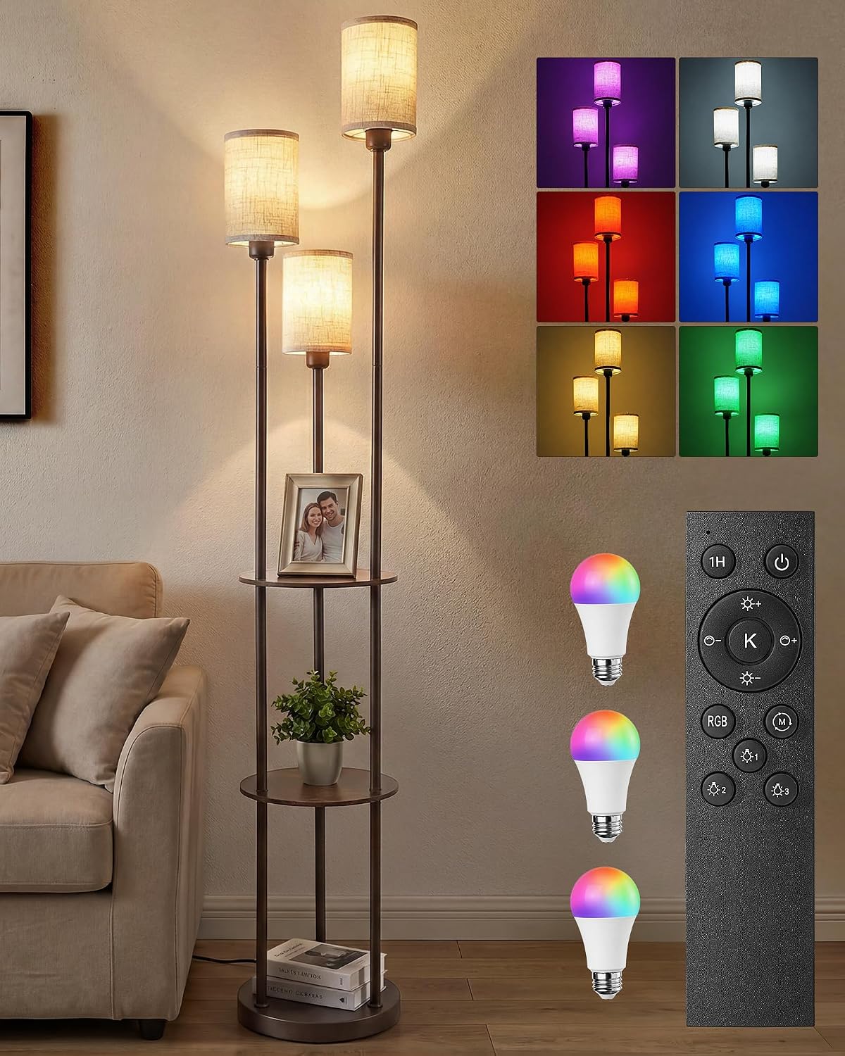 71" Floor Lamp with Shelves, 3 Light Standing Lamp for Living Room