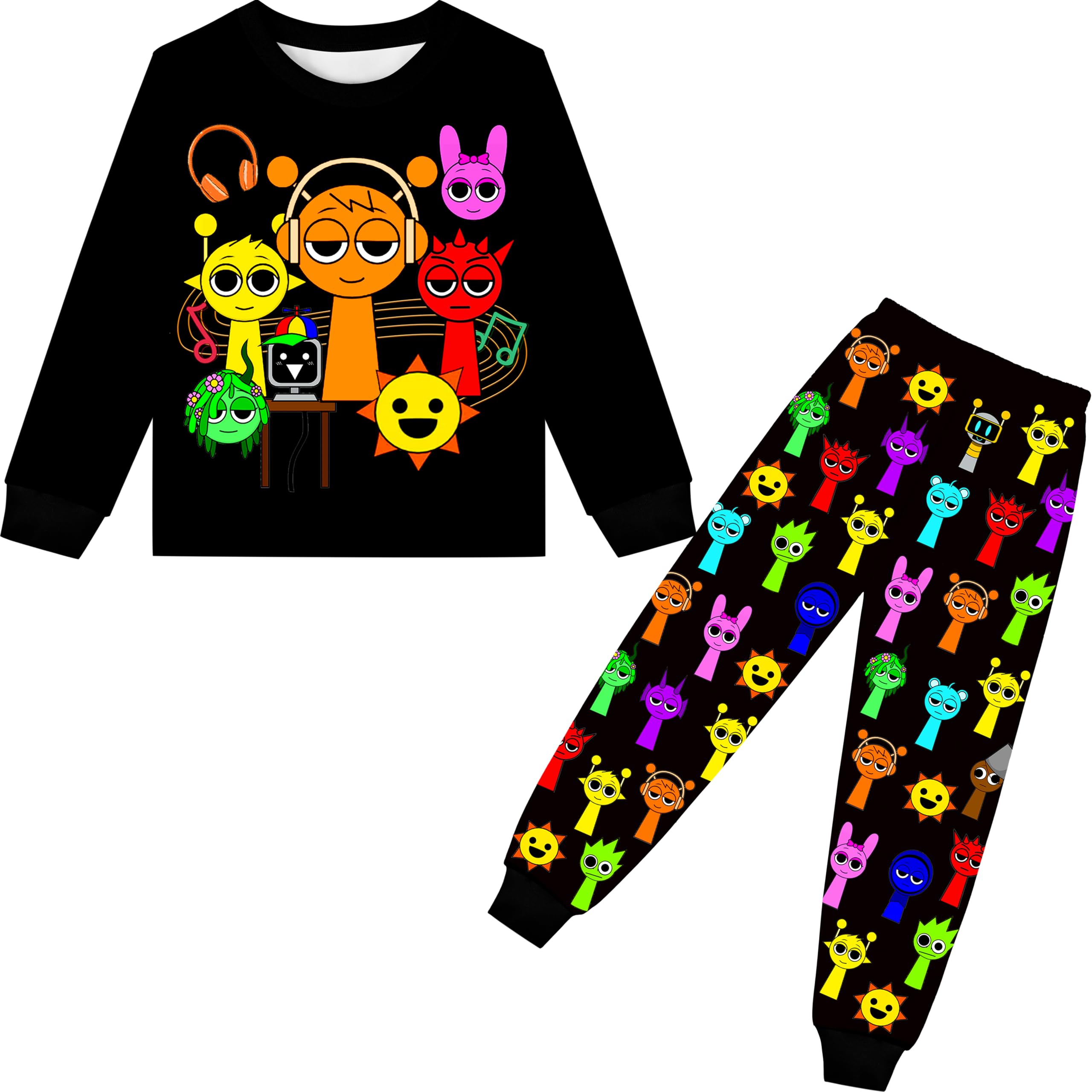 Boys Girls Sprunki Pants Set Kids Music Adventure Tee Shirt 2PCS Long Sleeve Cartoon Monster Game Clothes Outfit