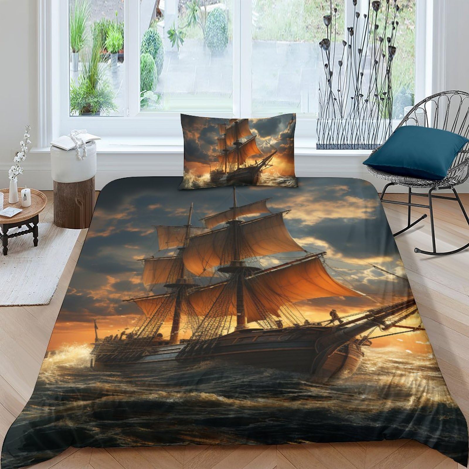 Parure de lit maritime avec fermeture éclair et taies d'oreiller en microfibre motif voilier