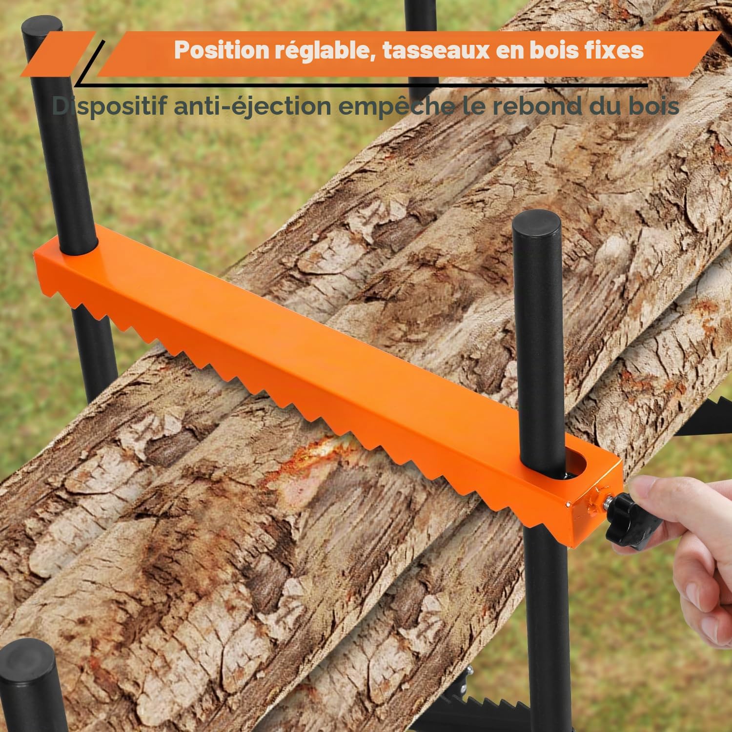 Fiqops Chevalet de sciage pliable pour tronçonneuse - Chevalet de scie à bois avec sécurité d'éjection et échelle de mesure - Charge maximale : 150 kg - Tréteau à bois pour coupe rapide du bois de