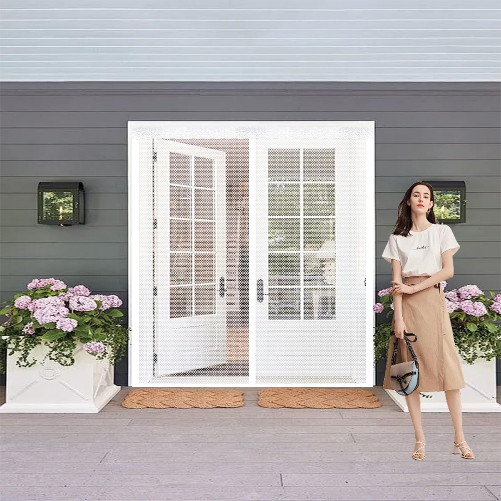 Qenhyun White Door Fly Screen 185 X 240 Cm Keep Bugs Out, Full Frame Magic Tape, Powerful Magnets, Self Sealing, No Drill Installation, Magnetic Fly Screen Doors For Balcony Bedroom Doors,