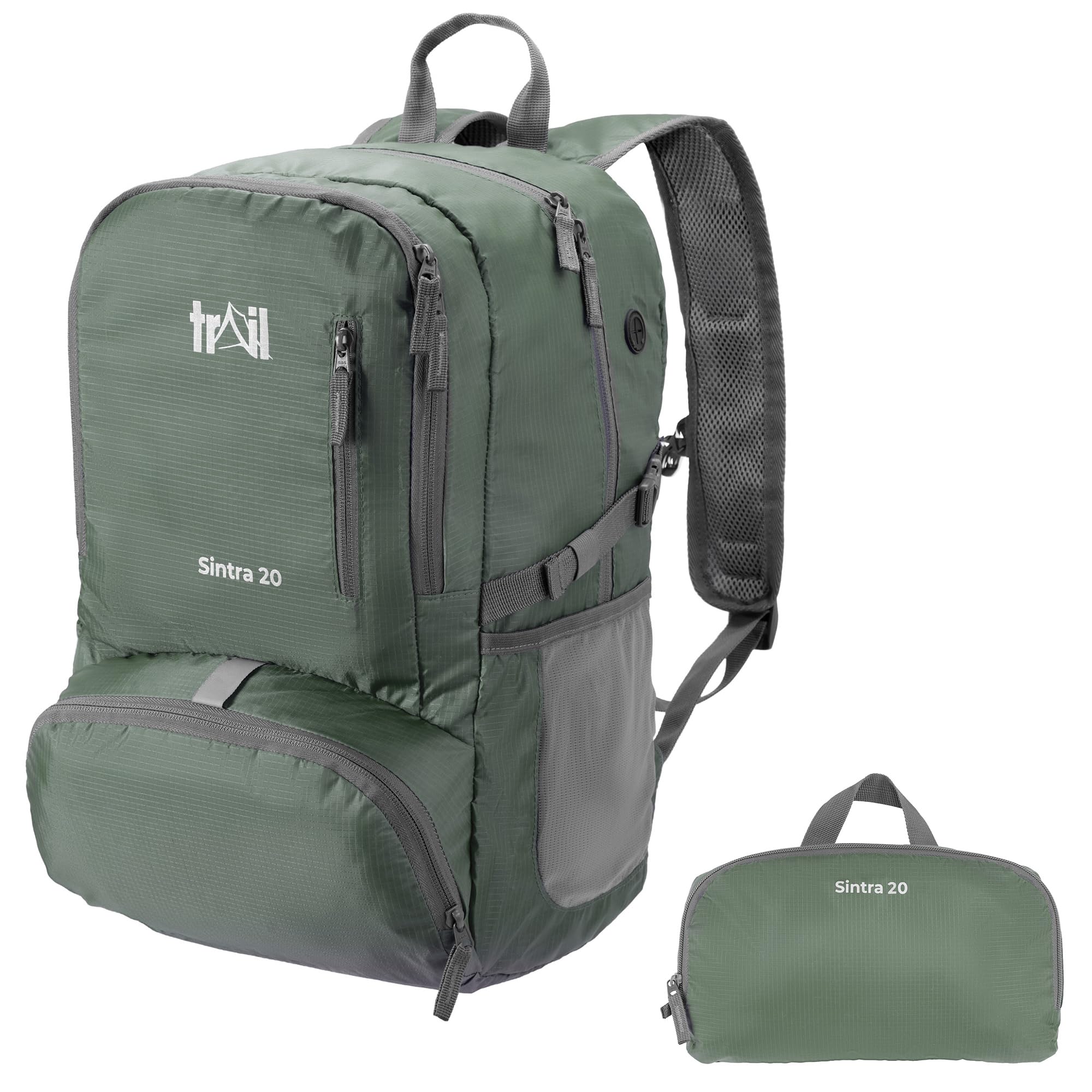 Trail Sintra Ultra Lightweight Folding Backpack 20L, Green Ultralight Packable Daypack for Travel, Hiking, Camping & Cycling, Lightweight Ripstop Outdoor Rucksack, Chest Strap & Bottle Holders, 370g