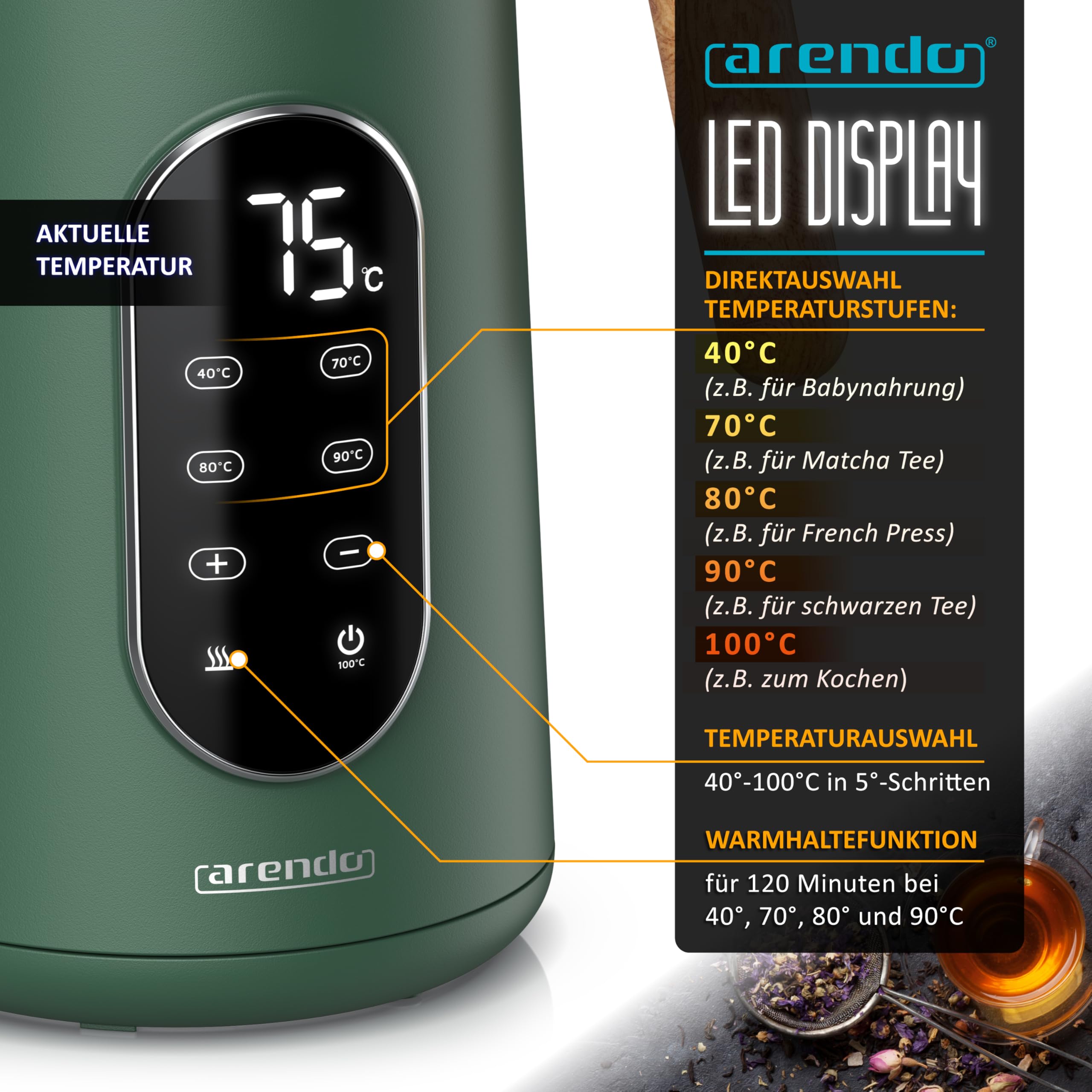 Arendo - Edelstahl Wasserkocher mit Temperatureinstellung 40-100°C - Doppelwand Design Cool Touch - Display im Gehäuse - Kabellos - 2200 W - 1,7L – Überhitzungsschutz – Warmhaltefunktion - BPA-frei